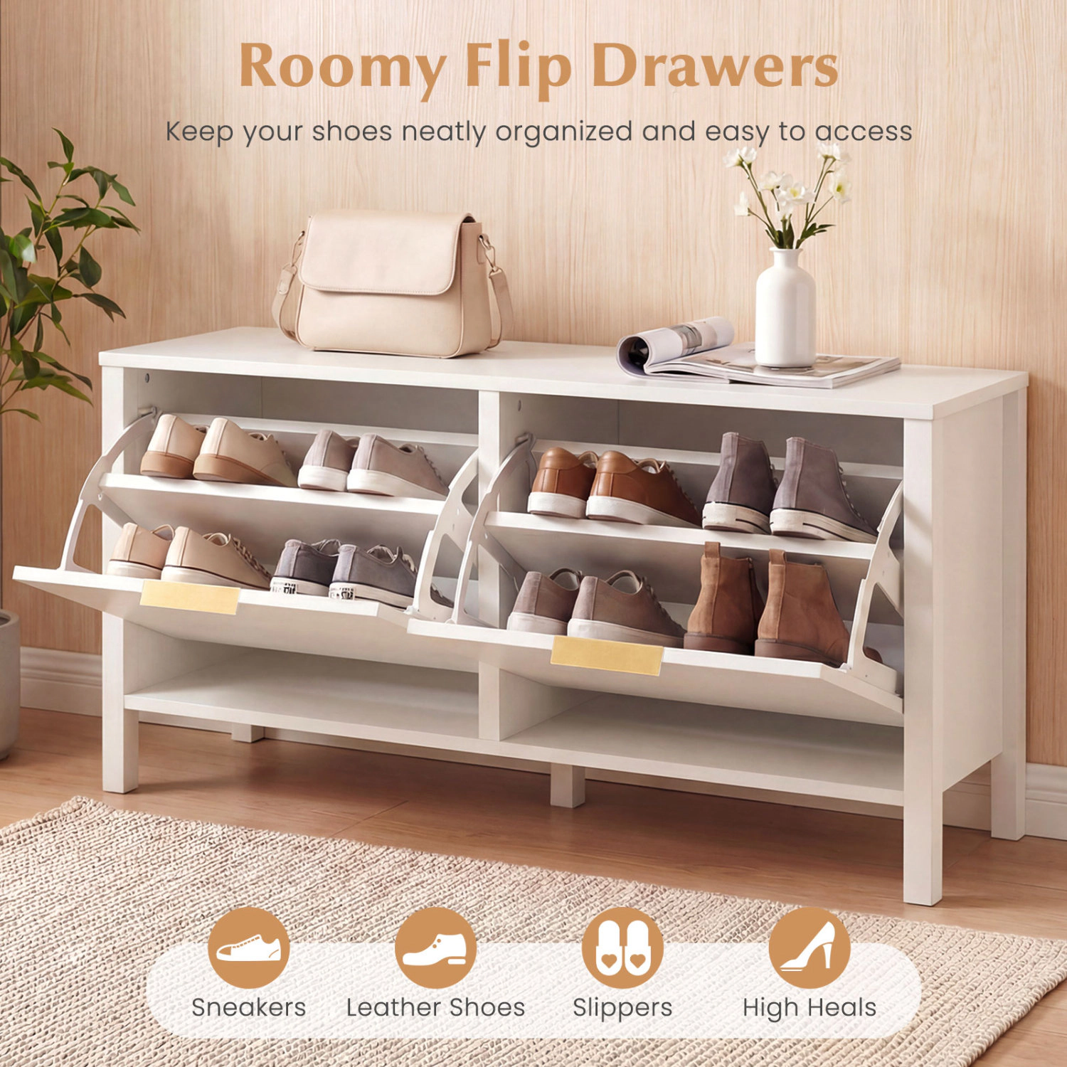 SUGIFT 39.5-in White Narrow Shoe Rack Storage Bench with 2 Flip Drawers and Fluted Doors 300-lb Seat