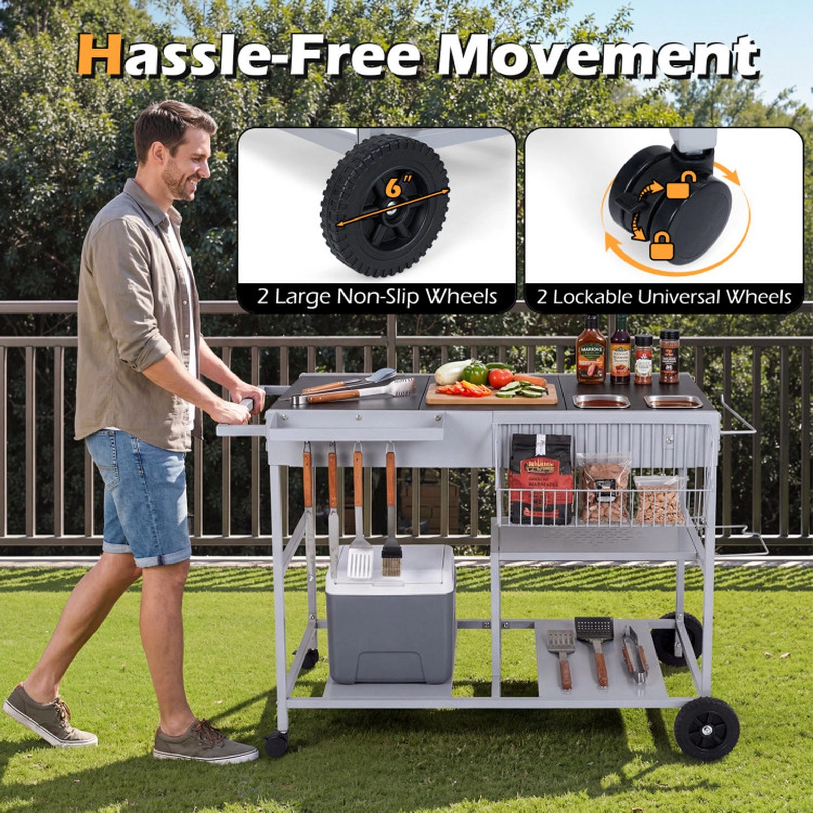 SUGIFT Black Rolling Grill Cart Table with 2 Condiment Caddies 42-in W 24.5-in D 31.5-in H 110-lb Tabletop Capacity