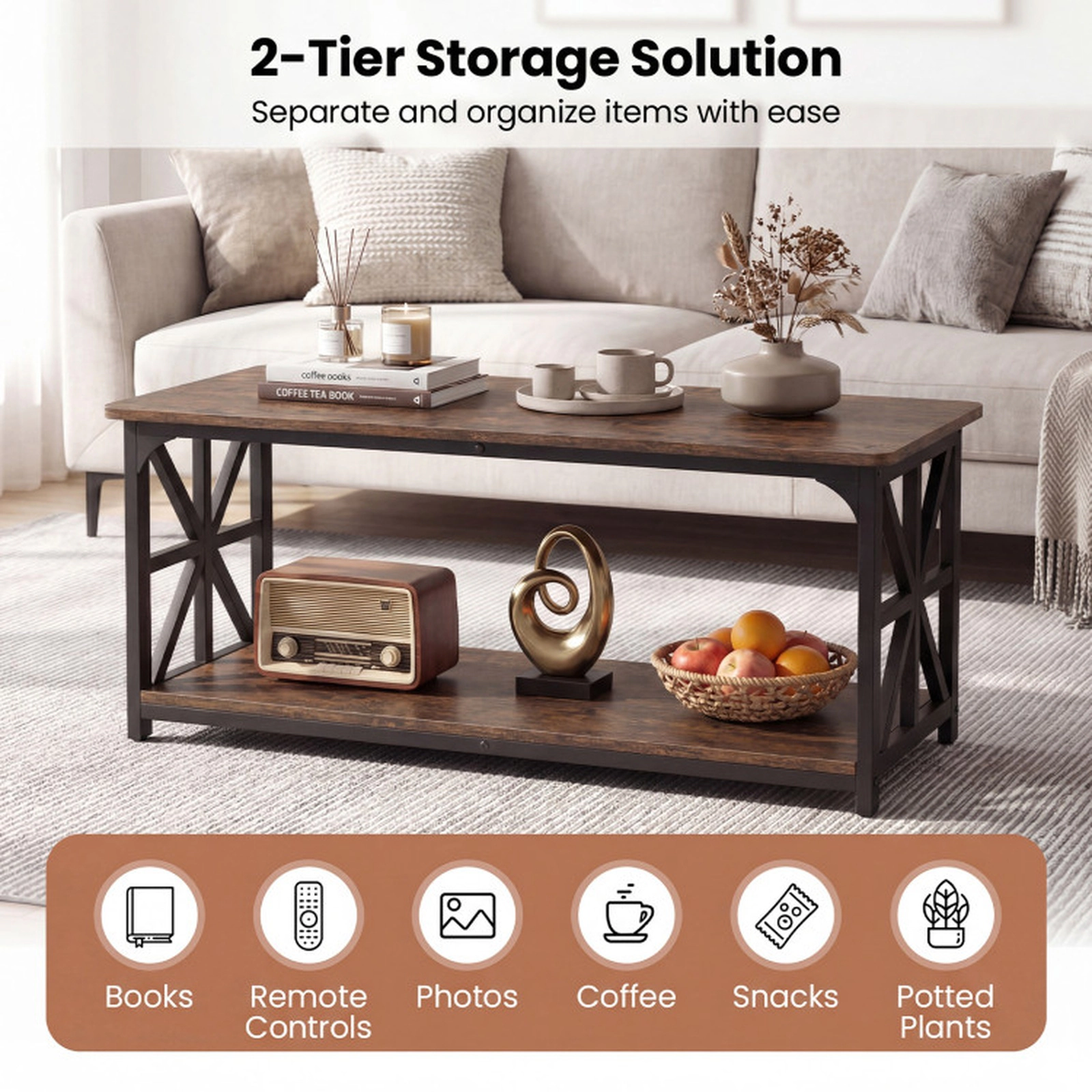 SUGIFT 2-Tier Coffee Table Center Table with Storage Shelf 290-lb Capacity 43-in Brown Engineered Wood and Carbon Steel
