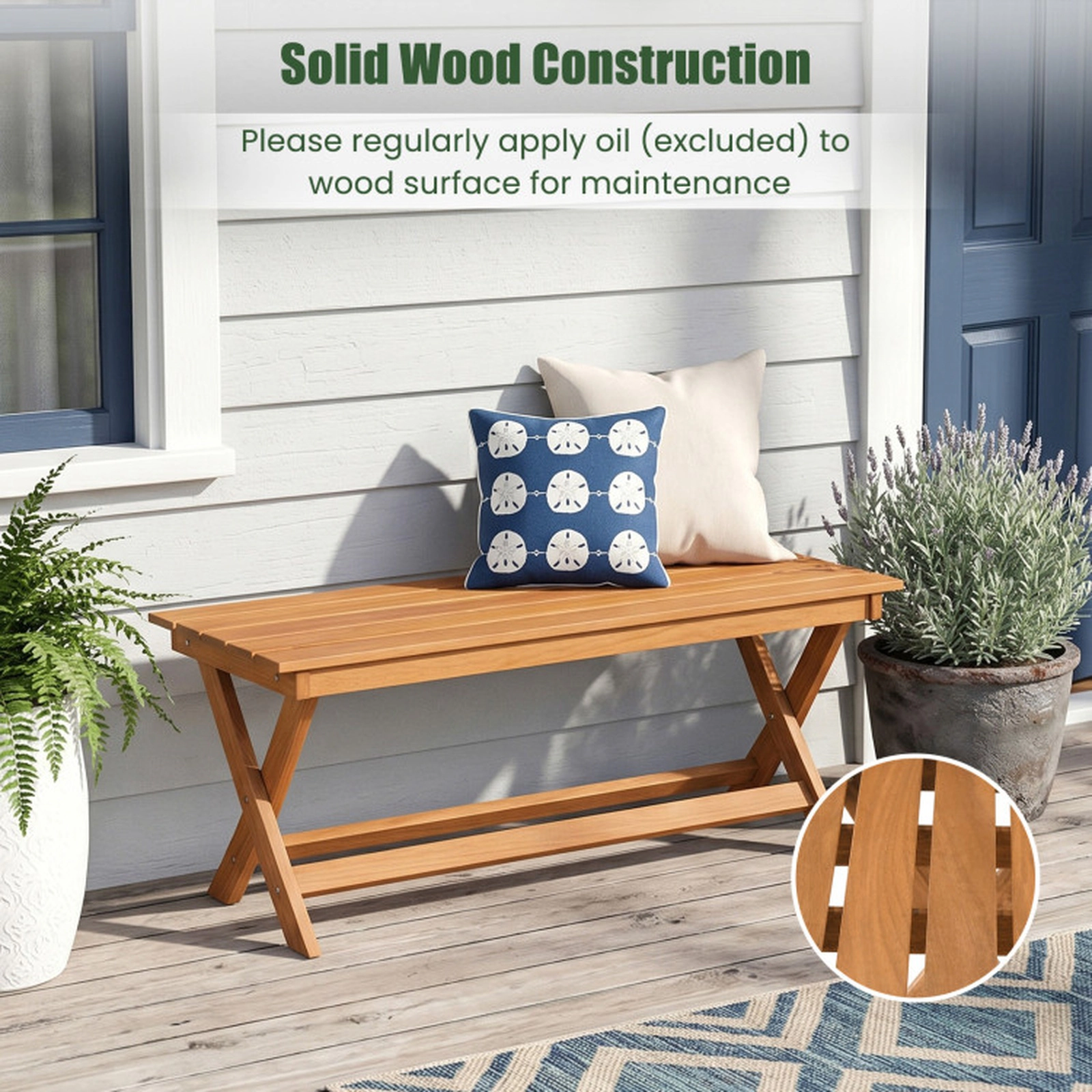 SUGIFT 2-Seat Wooden Garden Patio Bench with X-Shaped Legs 530-lb Capacity Backless Slatted Seat Natural