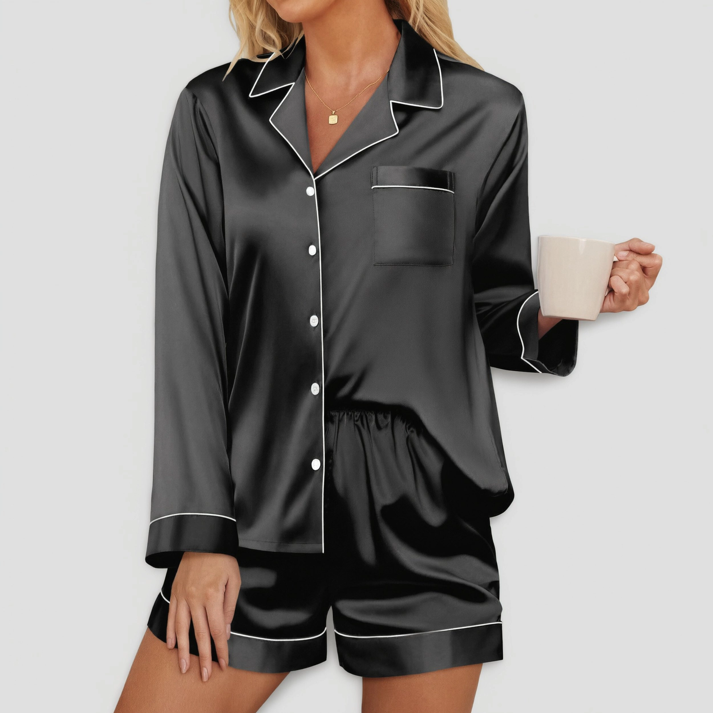 Ekouaer Pajama Set for Women Button Down Pj Long Sleeve Top and Shorts 2 Piece Loungewear