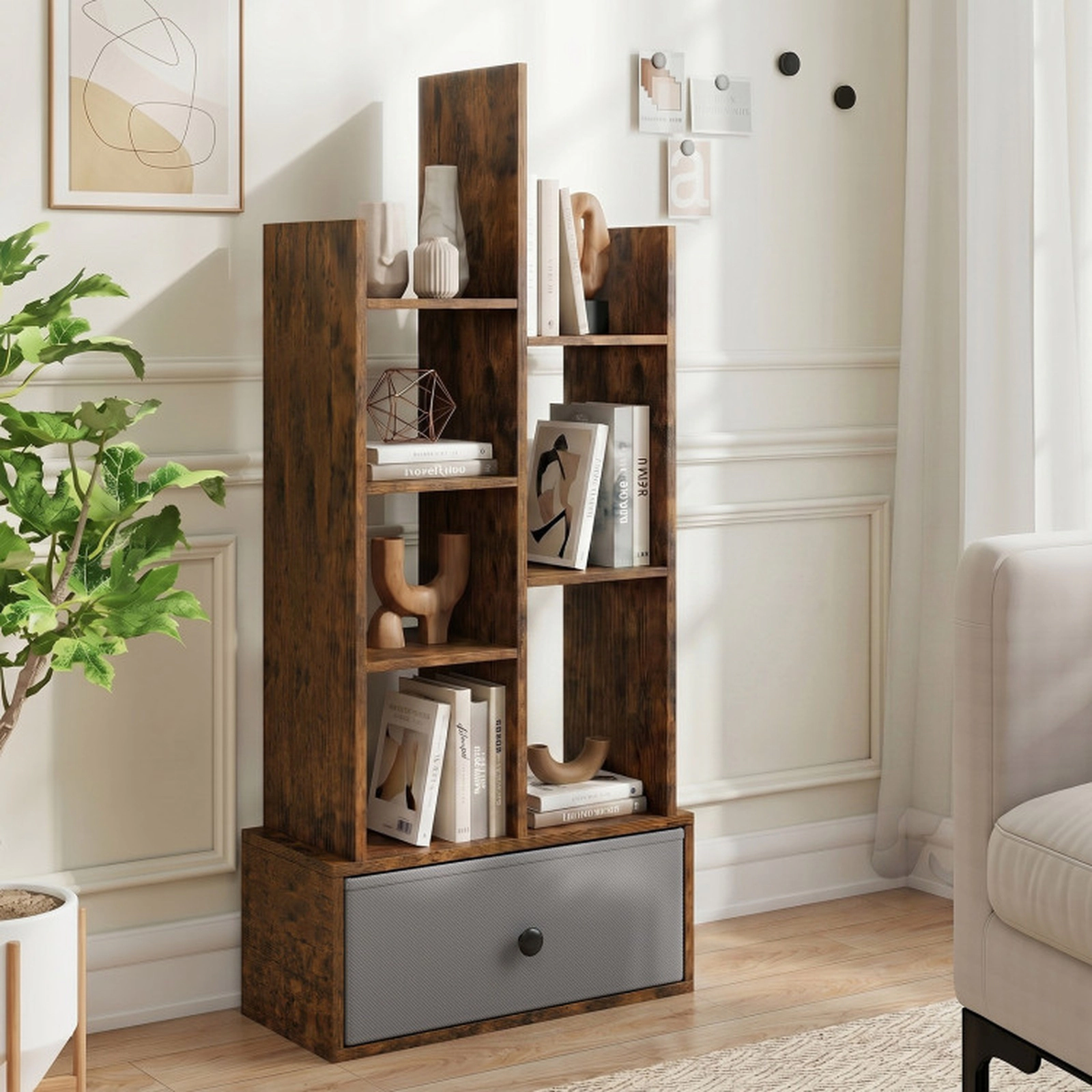 SUGIFT 7-Tier Open-Back Engineered Wood Bookshelf with Drawer 33-lb Shelf Capacity 21-in Wide Rustic Brown and White