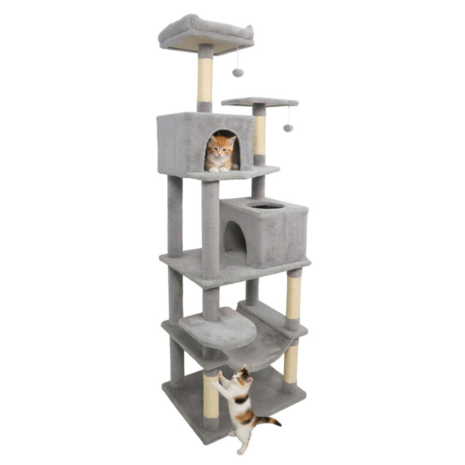 SUGIFT 58-in Gray Multi-Level Modern Cat Tree Tower with 2 Wide-Entry Condos Basket Hammock and Perch