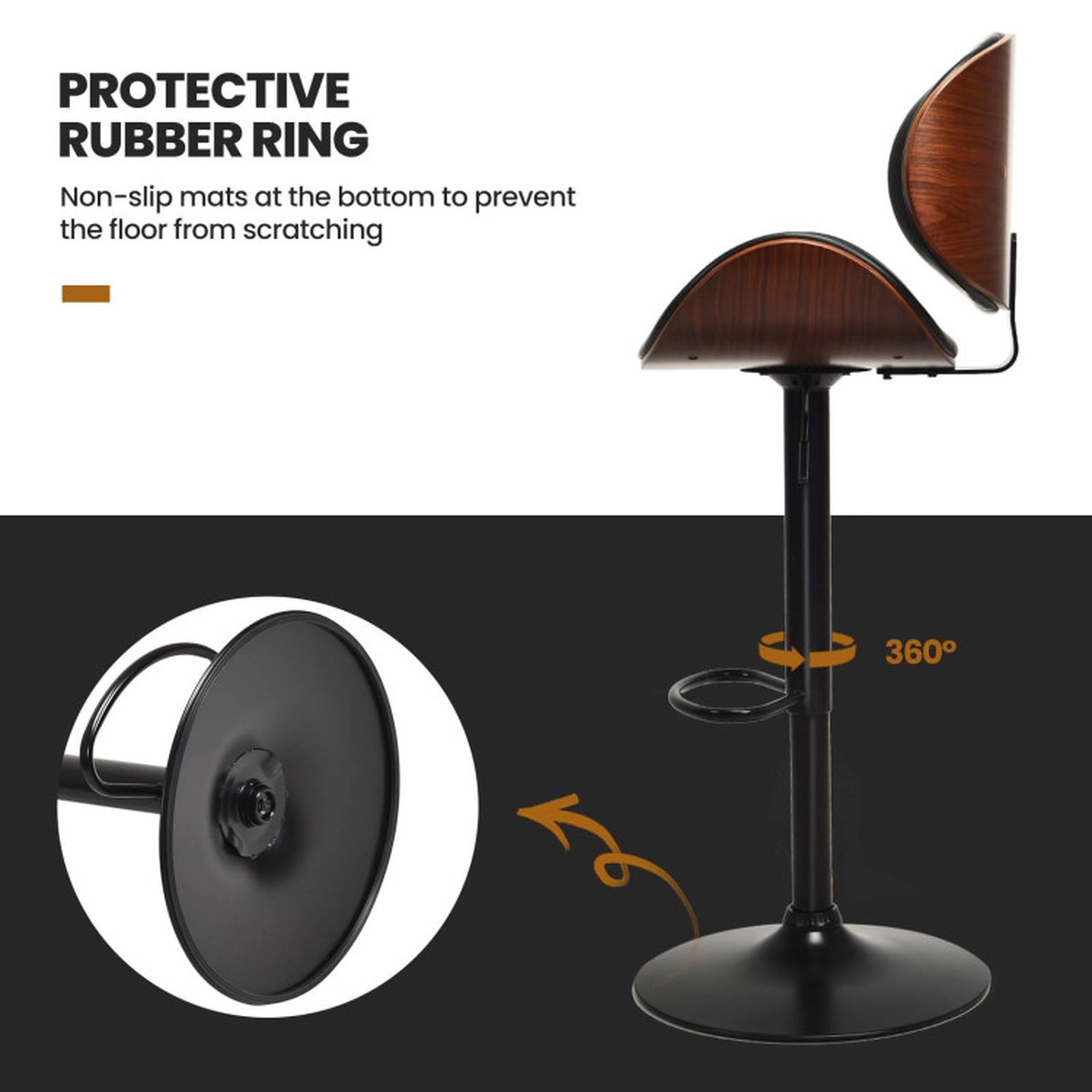 SUGIFT Black and Walnut Curved Footrest Set of 2 Adjustable Swivel PU Leather Bar Stools
