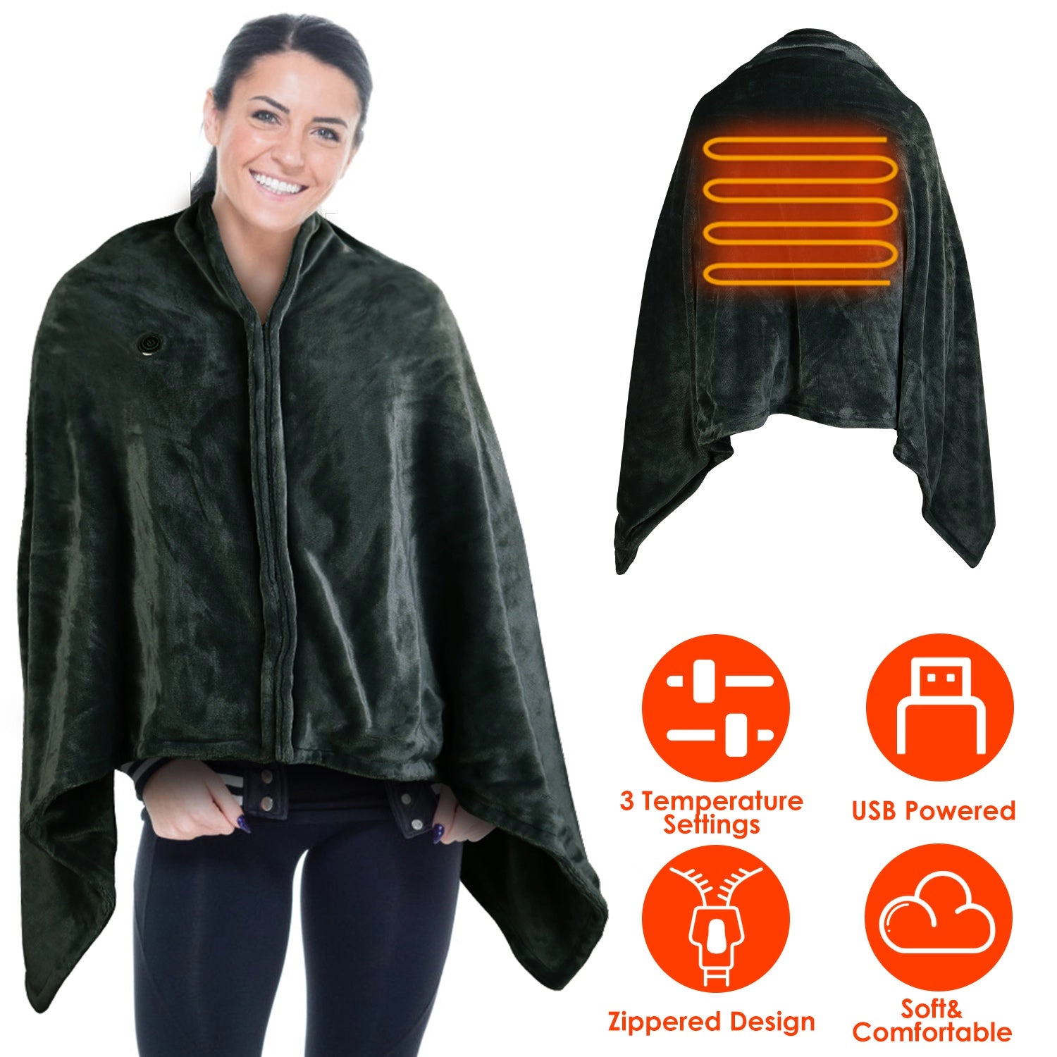 GBruno USB Heated Flannel Blanket Shawl With Zipper