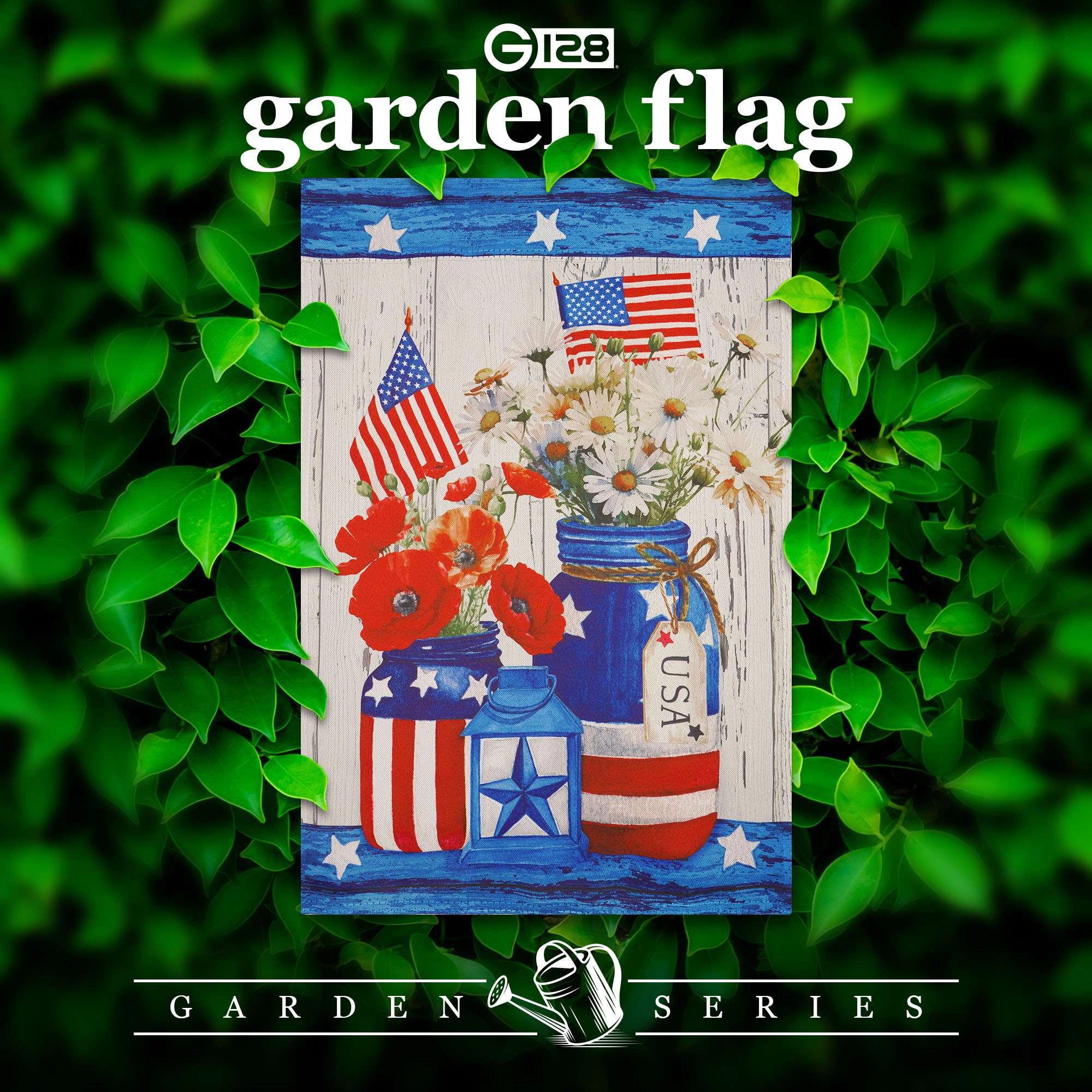 G128 Rustic Mason Jar Patriotic Flowers Garden Flag 12x18 in Double-Sided