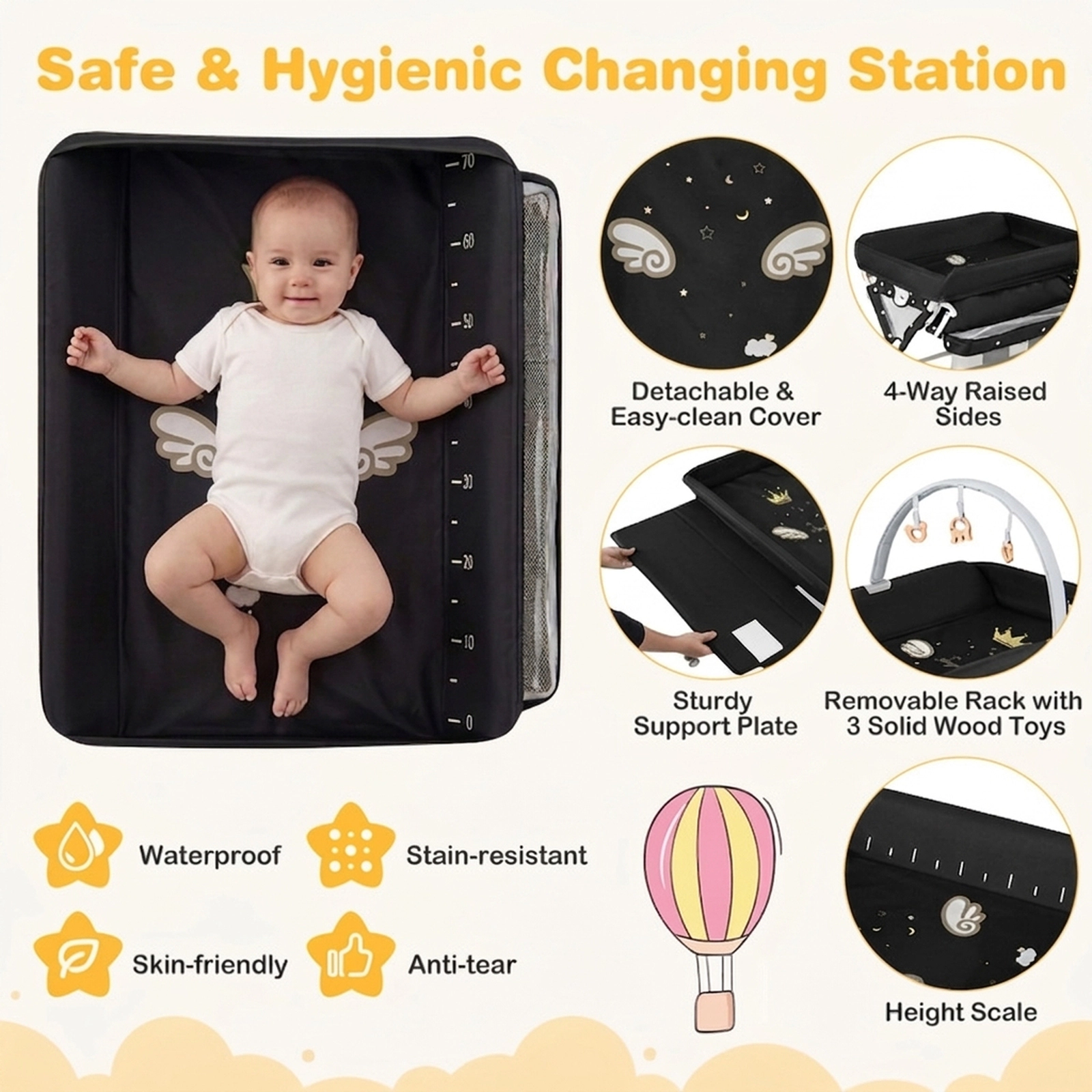 SUGIFT Foldable Baby Changing Table Black with Drying Rack Storage Bag and Shelf