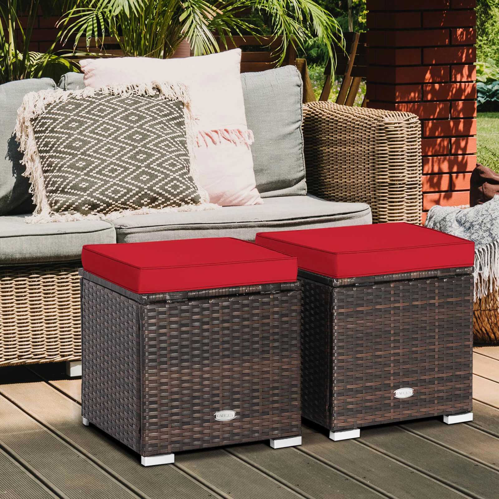SUGIFT 2-Piece Patio Ottoman Storage Set with Removable Cushions 350-lb Top Capacity Red Mix Brown Rattan