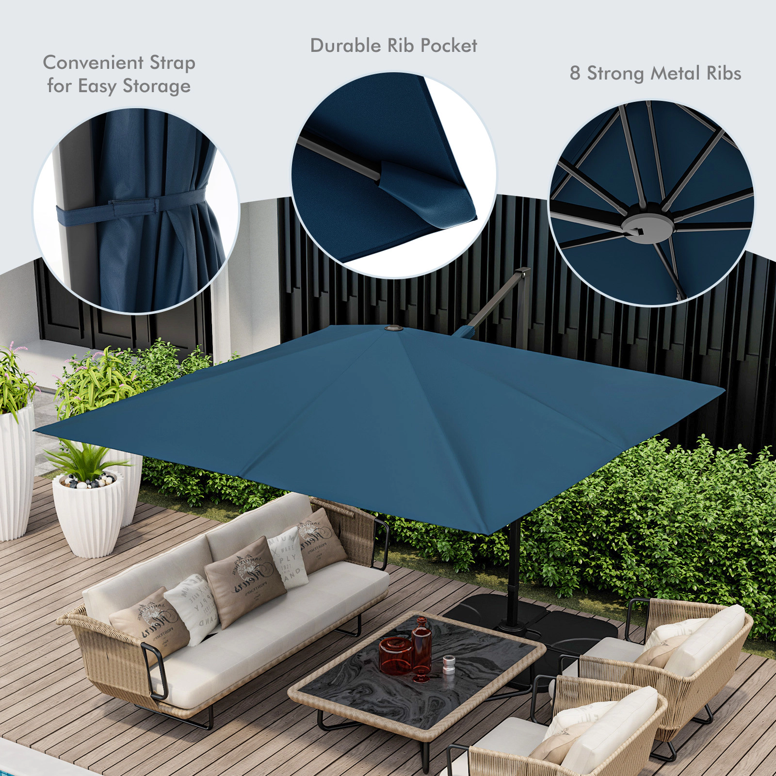 SUGIFT Navy 360-Degree Rotation and Cross Base 9.5 FT Square Cantilever Patio Umbrella