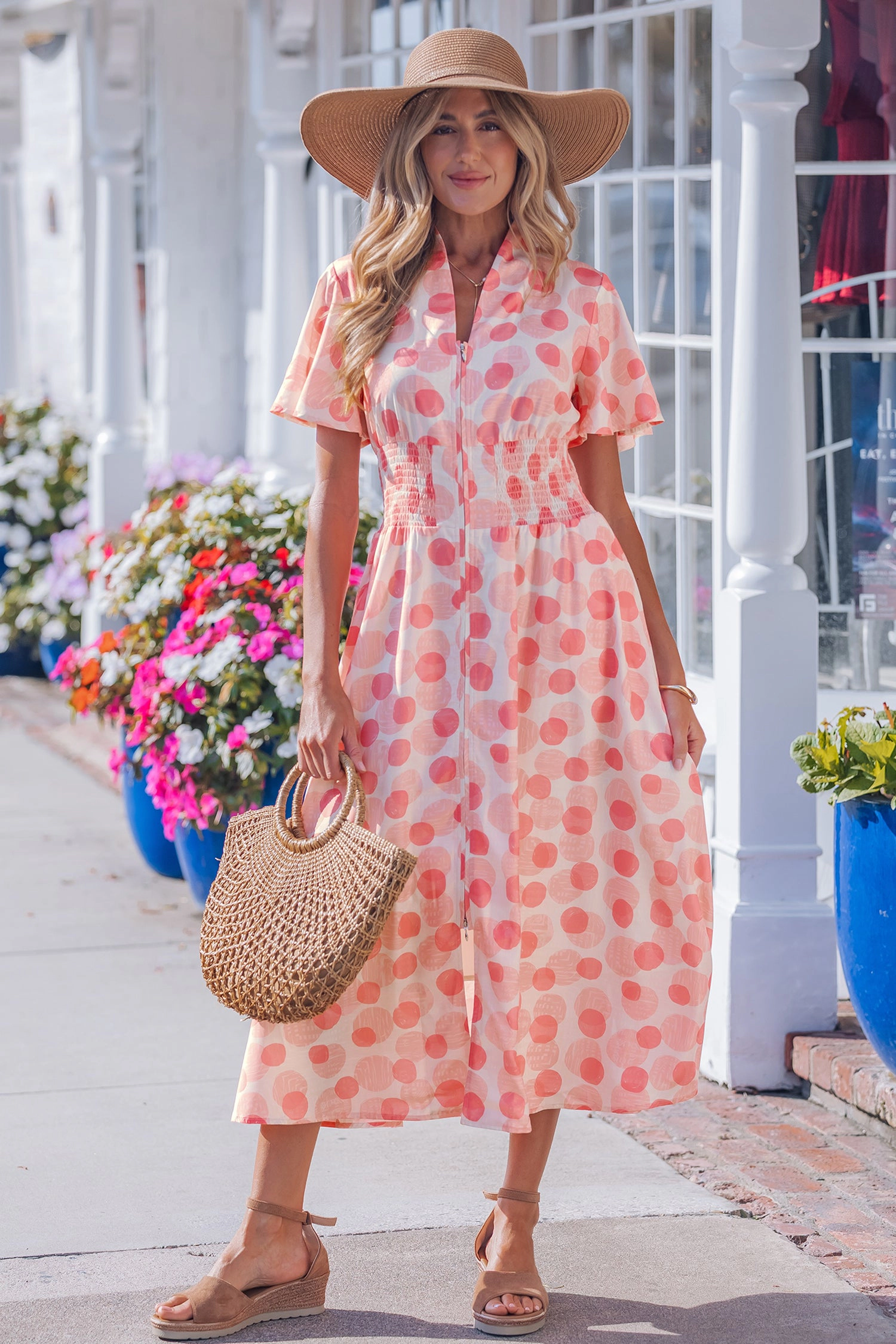 Threaded Pear Womens Talia Zip-Up Polka Dot Long Dress - Pink, Ruffled Short Sleeves