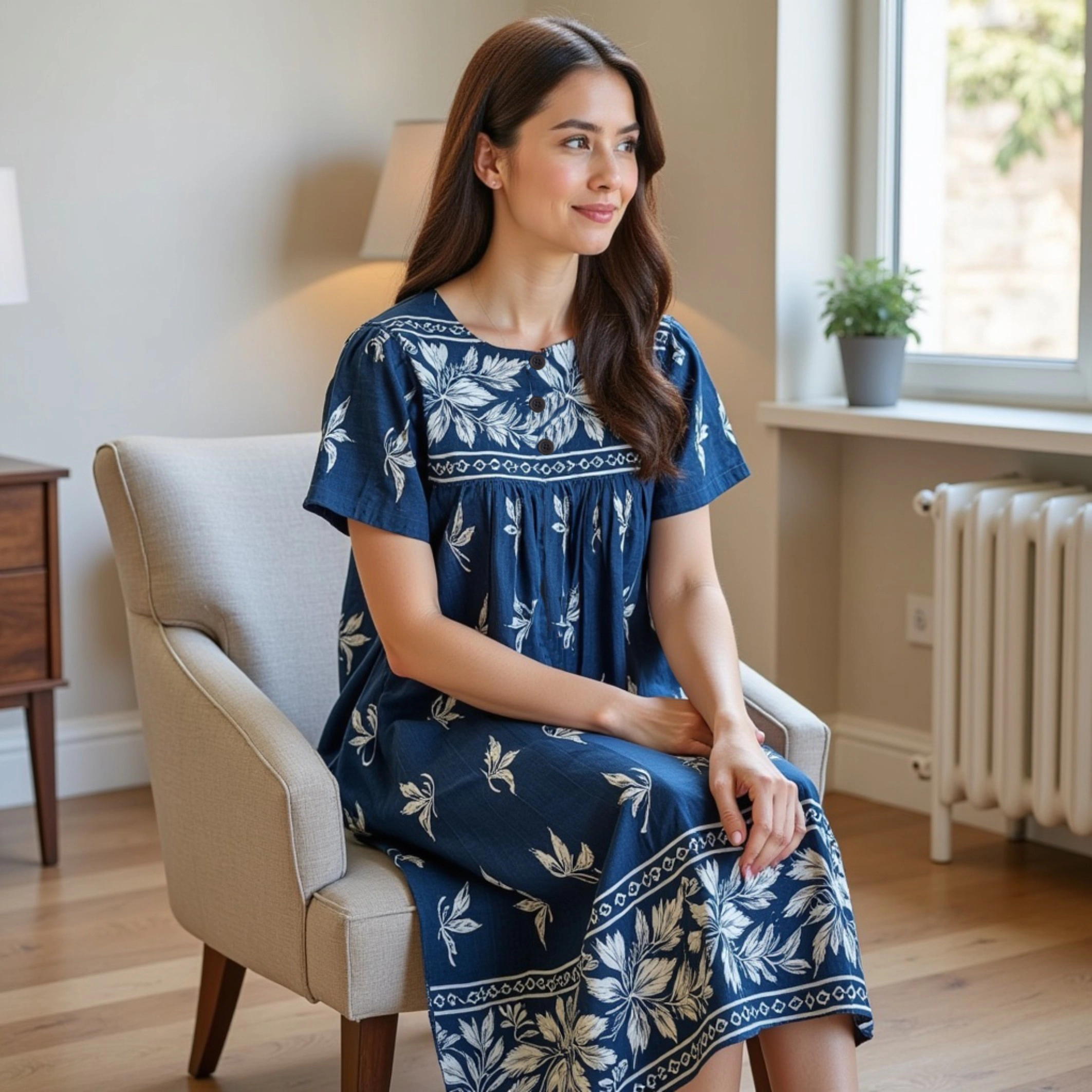 Loungees Border Print Cotton Lounge Dress House 3 Button Bib Yoke Short Sleeve