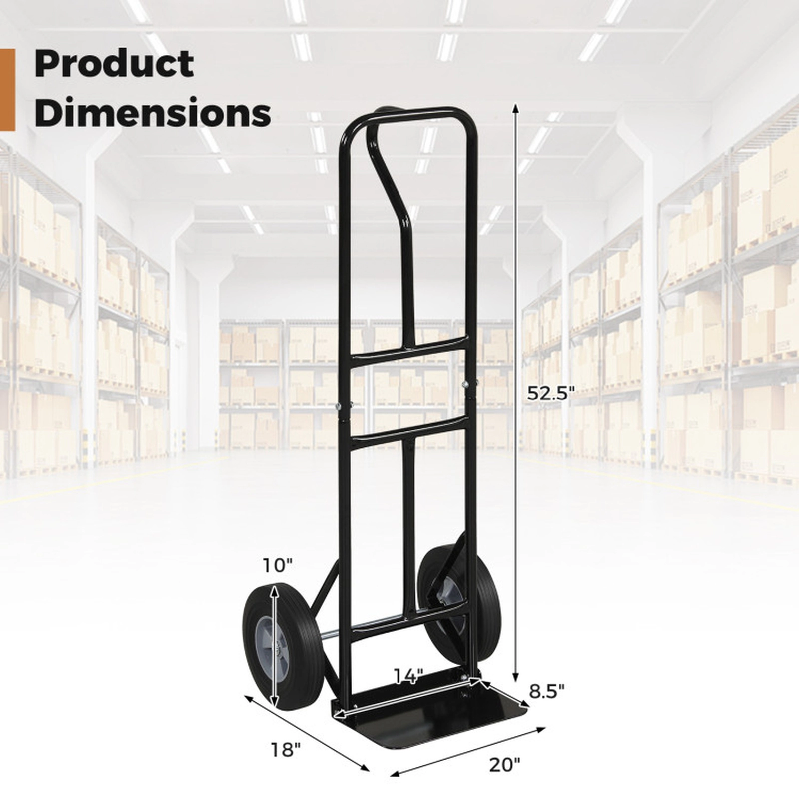 SUGIFT 600-lb Capacity P-Handle Metal Hand Truck Dolly with 10-in Rubber Wheels and Folding Base Plate