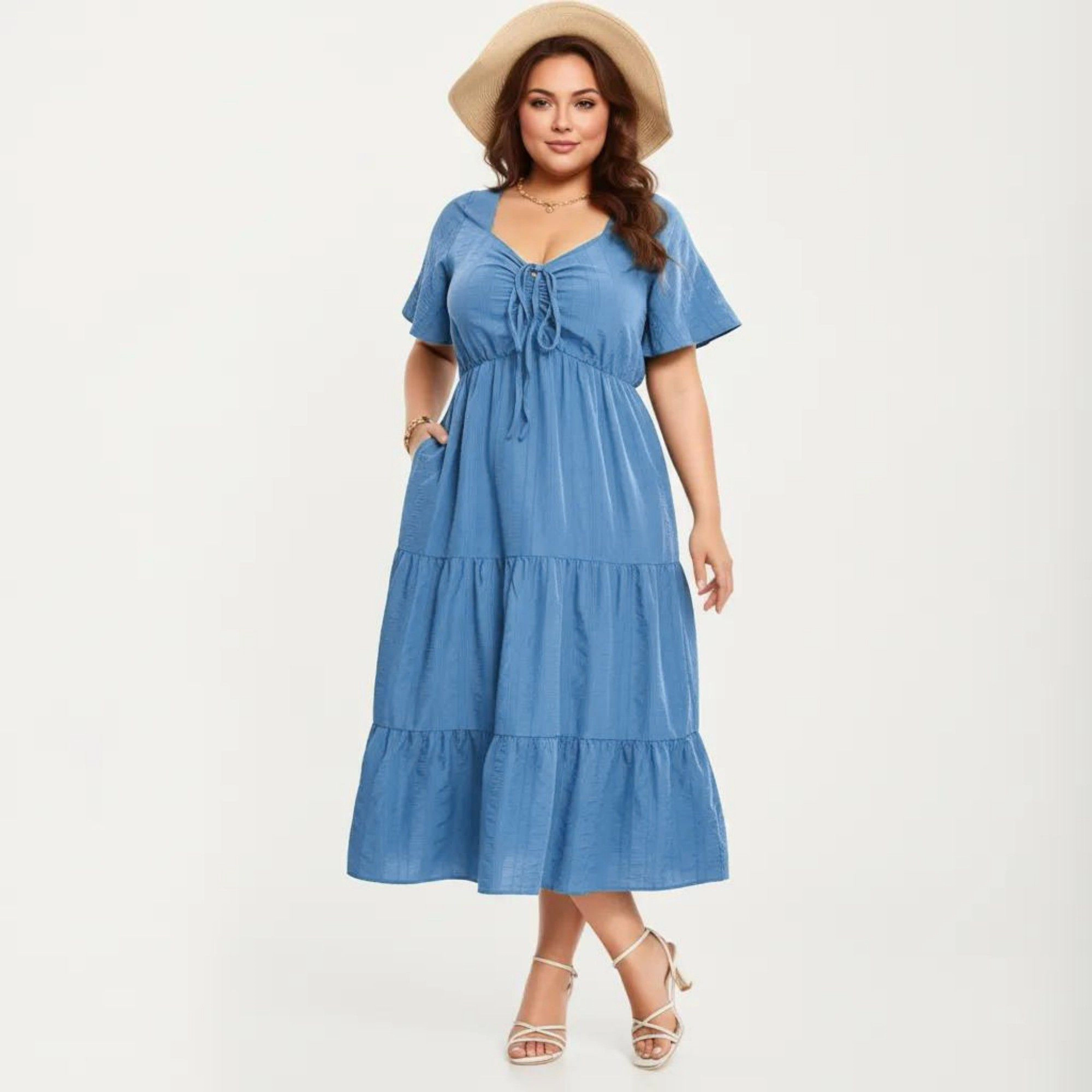 Anna-Kaci Women's Plus Short Sleeve V Neck Front Tie Elastic Waist Tiered Maxi Dress