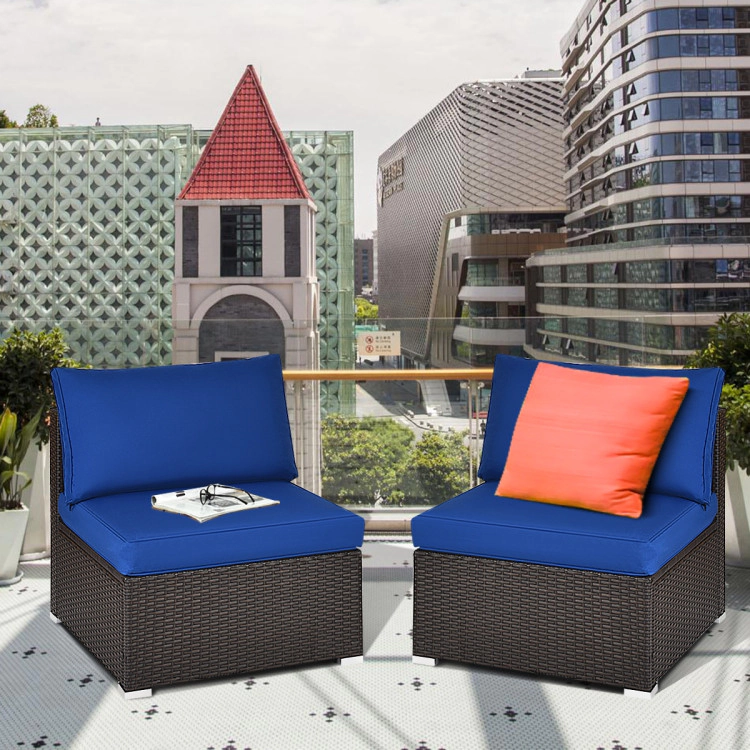 Hivvago 2 Pieces Patio Rattan Armless Sofa Set With 2 Cushions And 2 Pillows-Blue