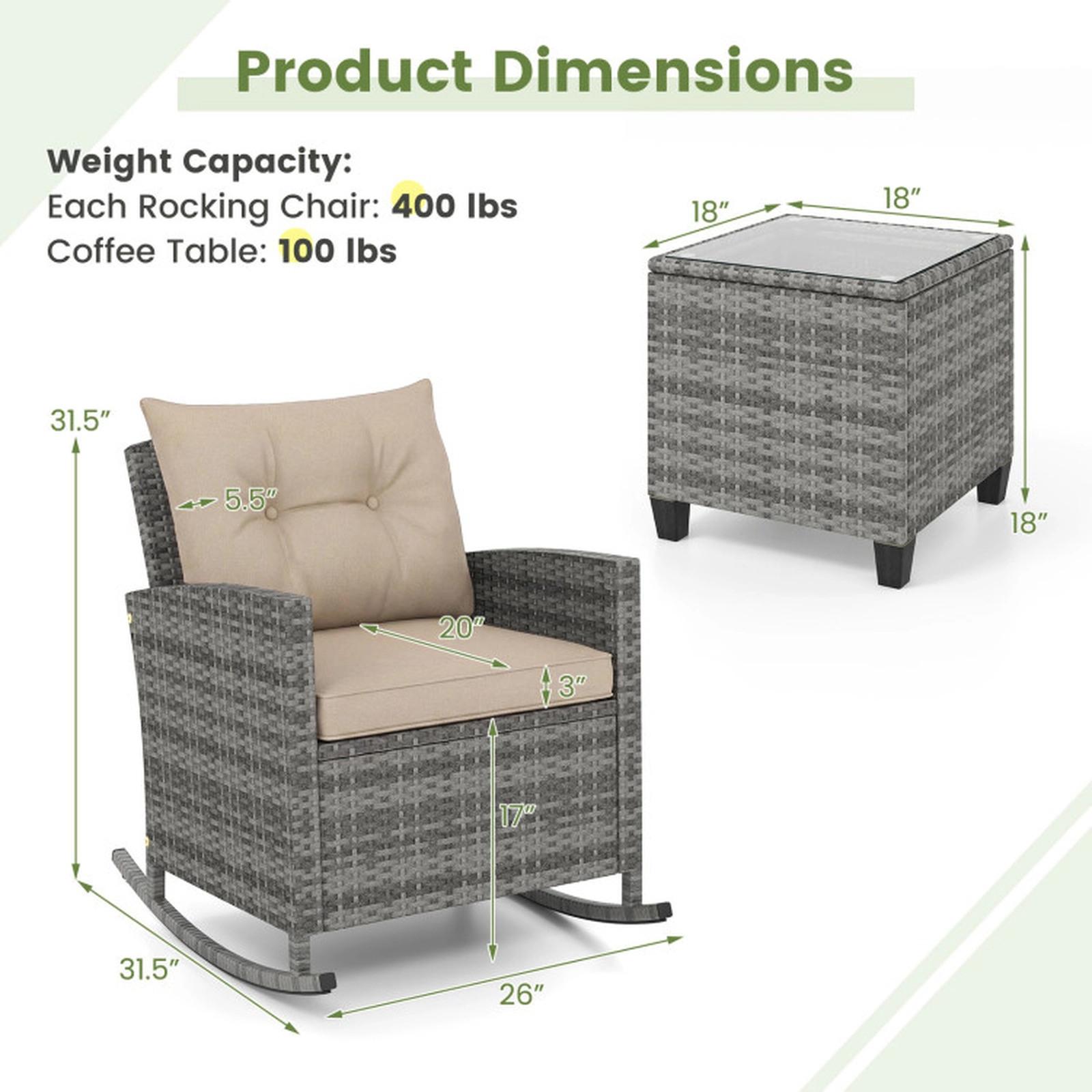 SUGIFT Beige Tempered Glass Table and Cushions 3-Piece Patio Rattan Rocking Chair Set