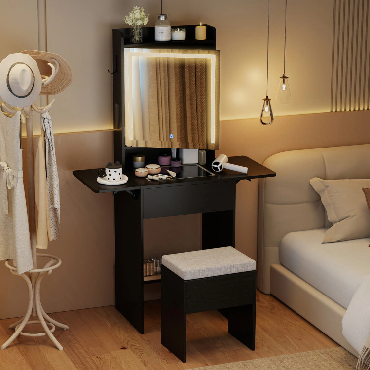 Hivvago Space-Saving Vanity Desk With Mirror And Lights For Bedroom