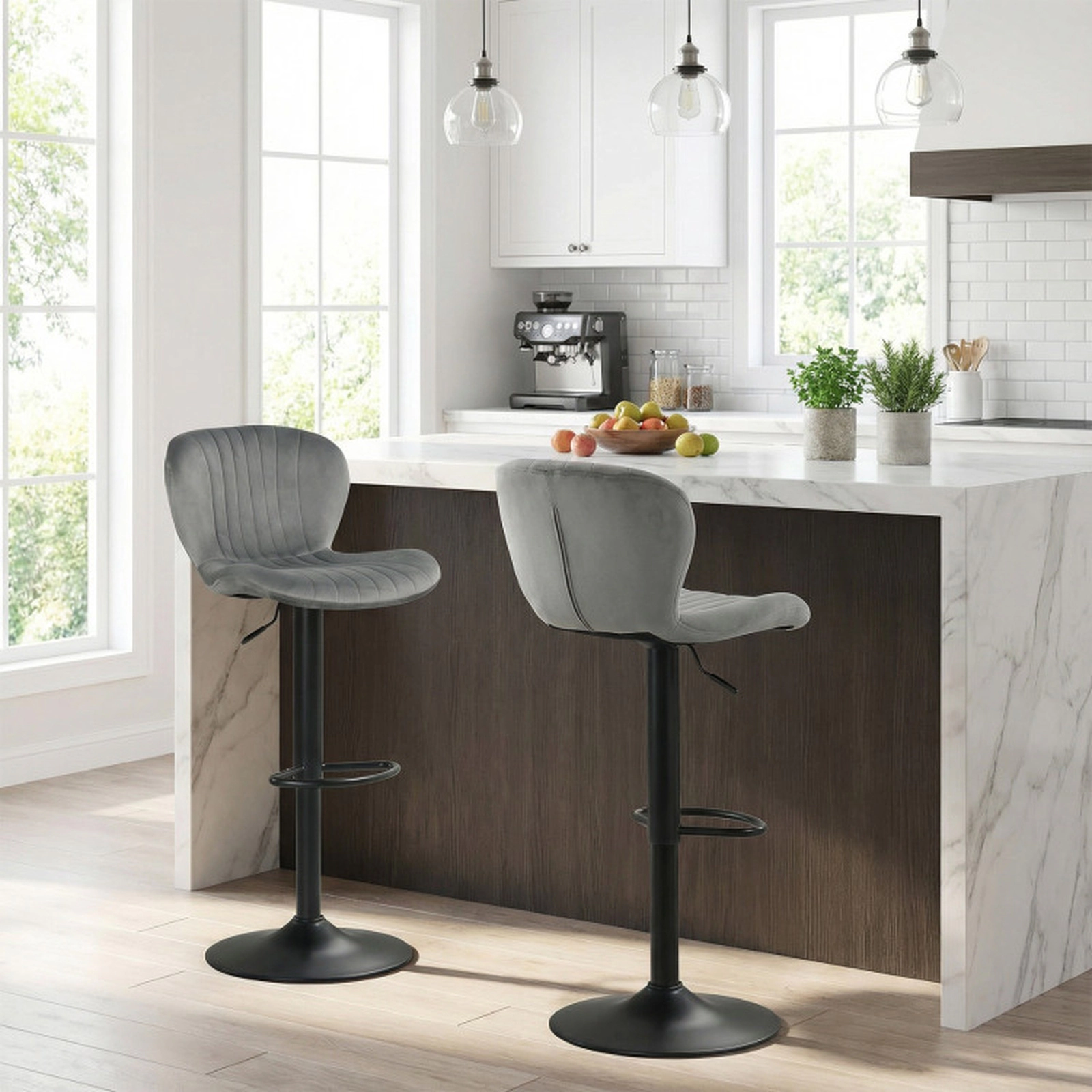 SUGIFT Set of 4 Gray Adjustable Velvet Swivel Bar Stools with Backrests and Footrests