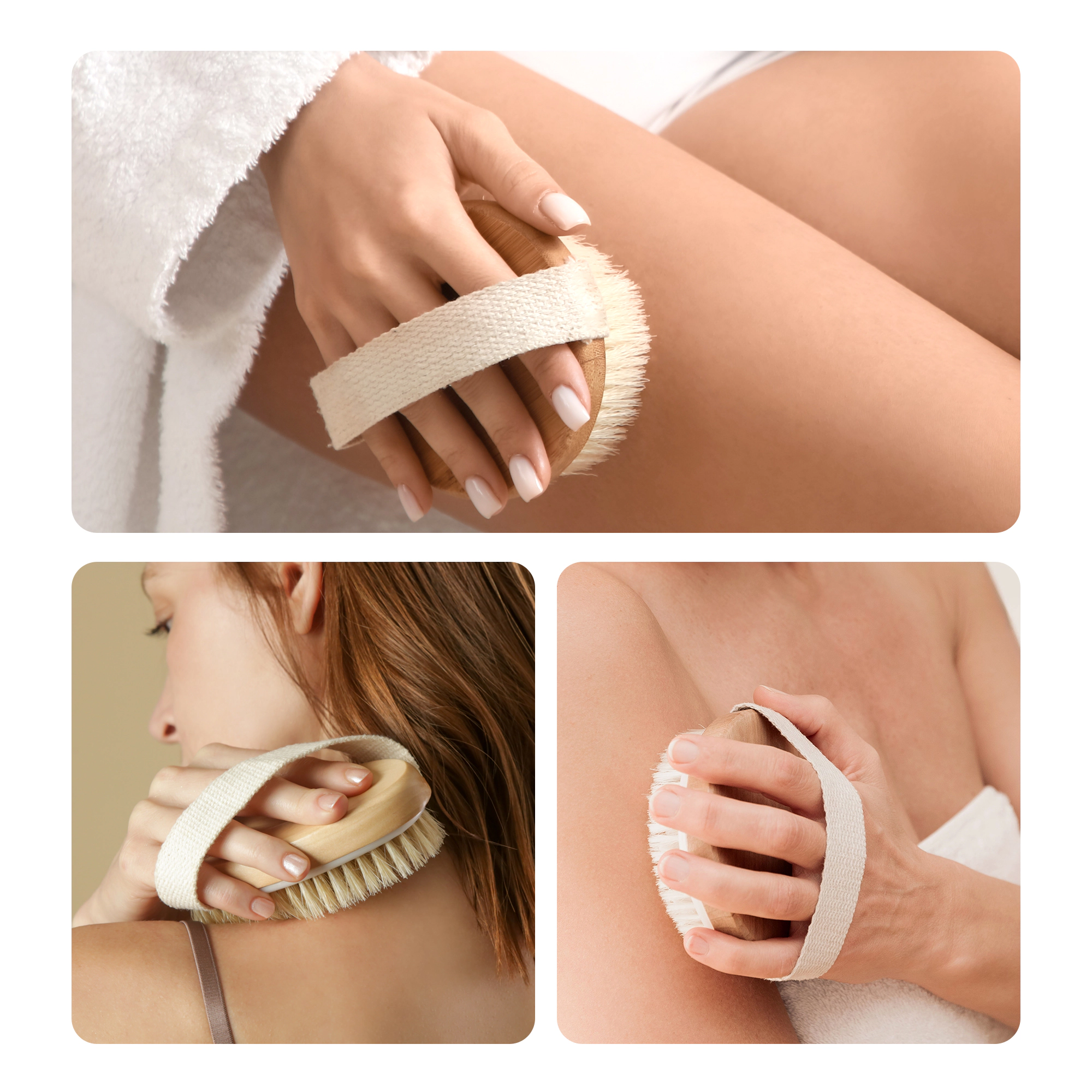 Cheer Collection 2-Pack Natural Bristle Exfoliating Body Brushes with Hand Straps, Wet or Dry