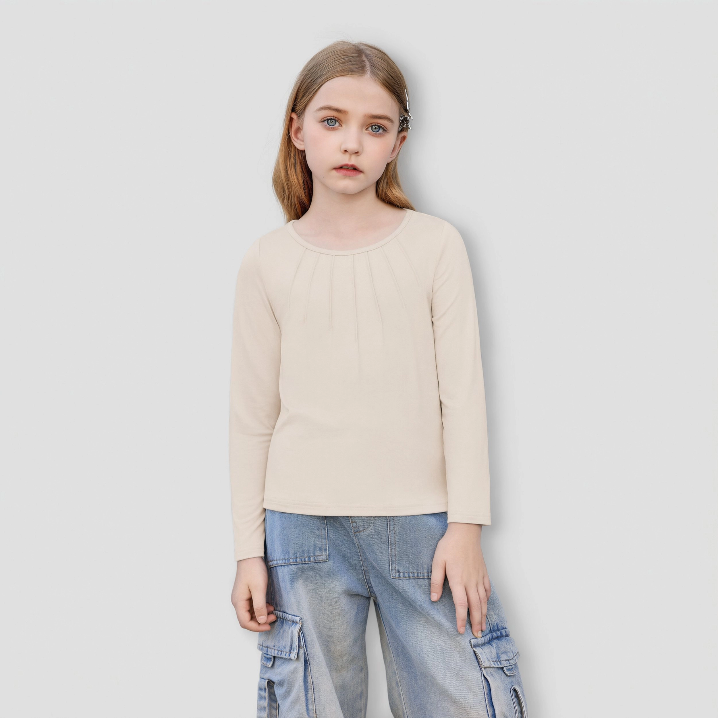 Arshiner Girls Long Sleeve Tops Dressy Pleated Round Neck Tunic Blouses Casual Loose Shirts
