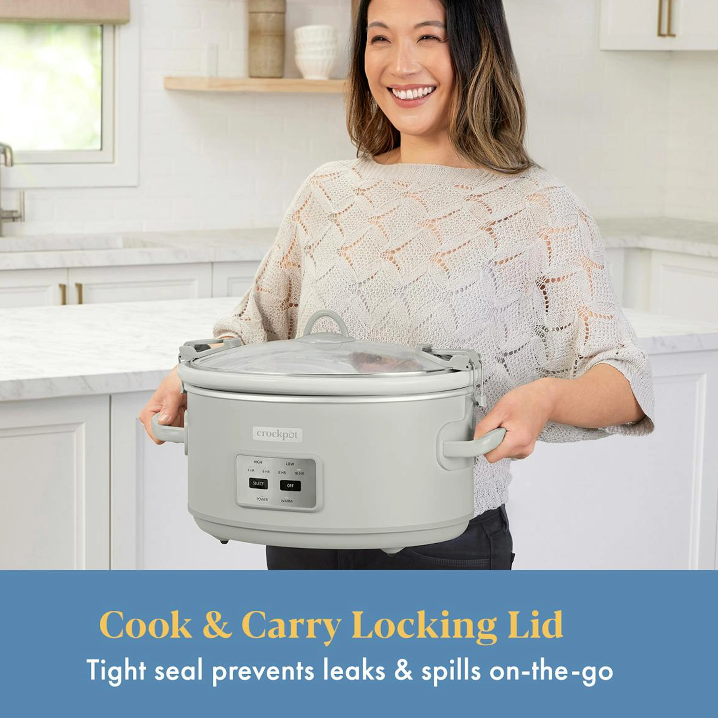 Crock Pot 7 Quart Oval Electric Programmable Slow Cooker With Thermal Bag in Oatmilk Cream
