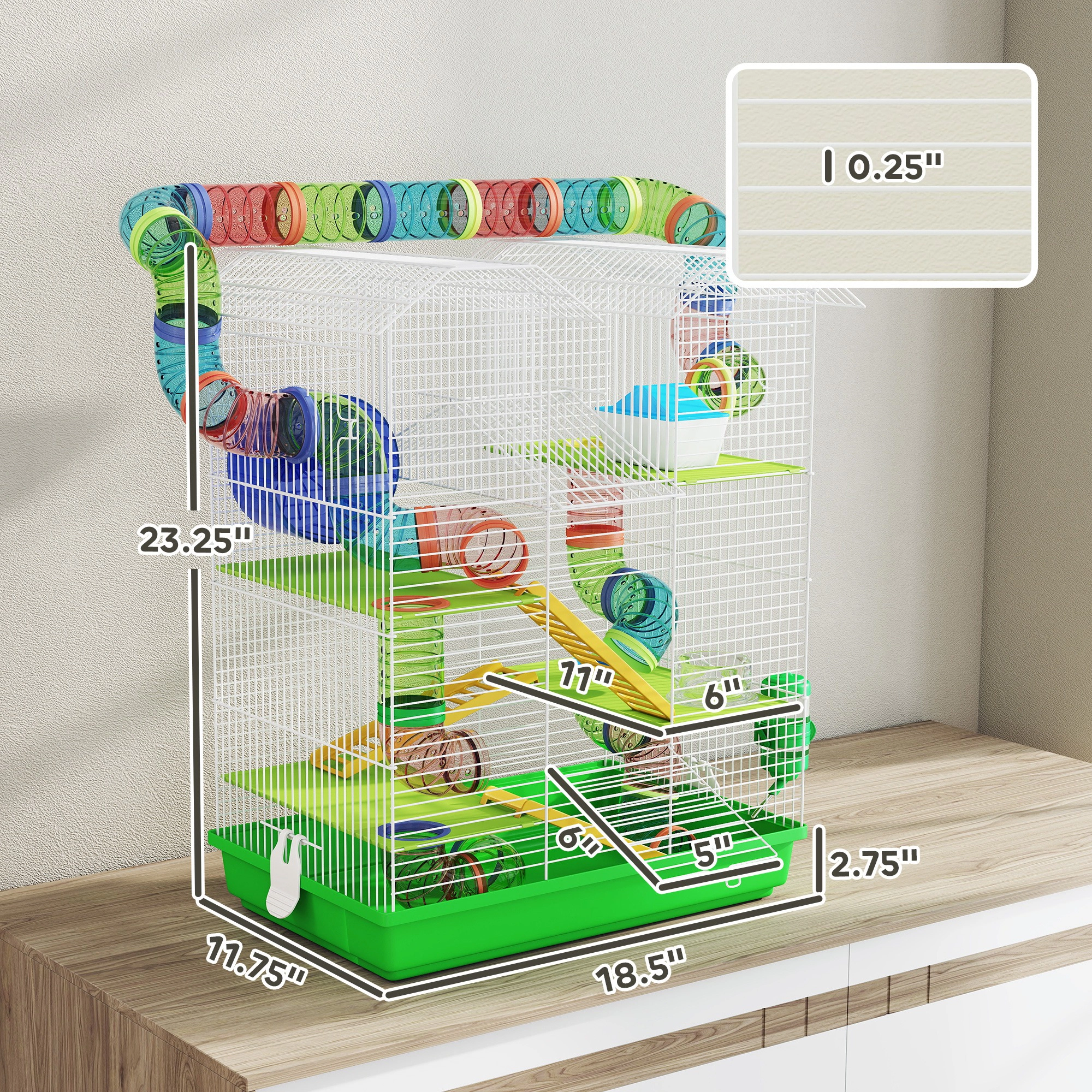 HONGGE 18.5" 5 Tier Hamster Cage with Tubes and Tunnels Small Animal Rat Gerbil Water Bottle Food Dish