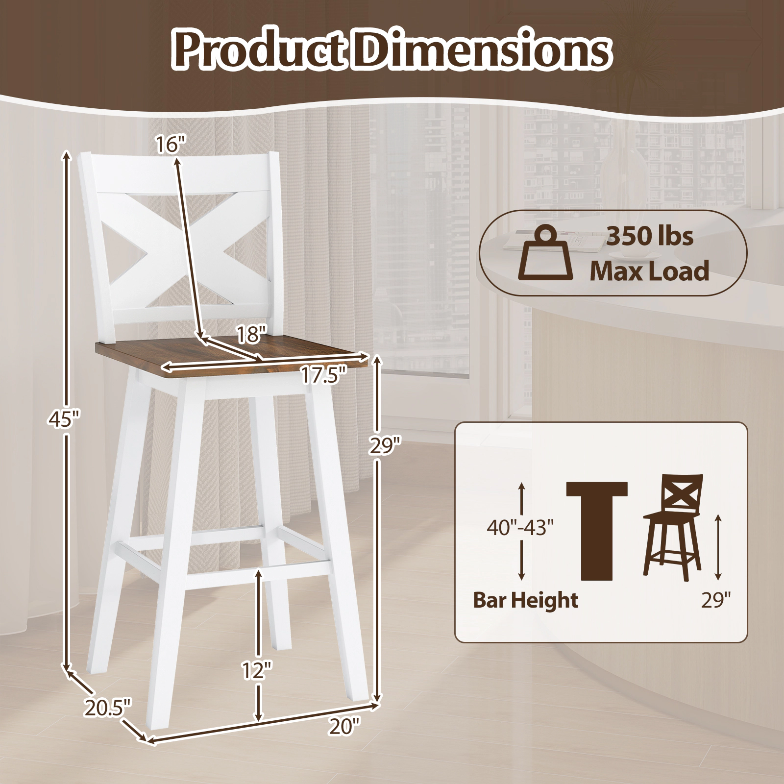 SUGIFT Rubberwood Swivel Bar Stools with Backrest & Large Seat 350-lb Capacity 29-in Seat Height White + Walnut Set of 2