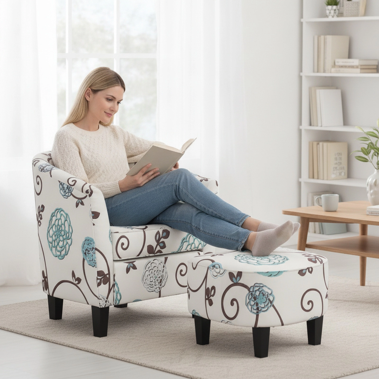 SUGIFT Beige Linen Barrel Accent Chair with Ottoman, U-Shaped Backrest, 17-In Seat, Pine Legs