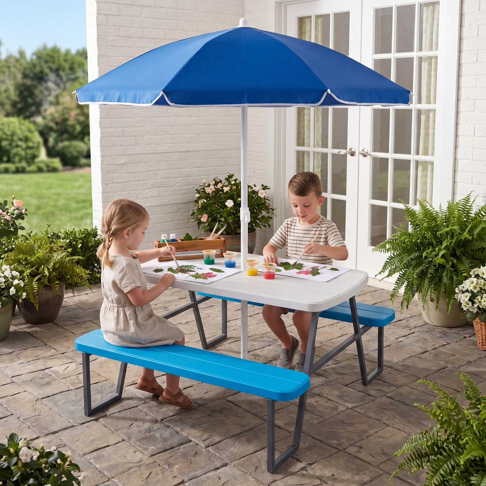 SUGIFT Kids’ Picnic Table Set with Umbrella, Blue HDPE Table and Benches for 4