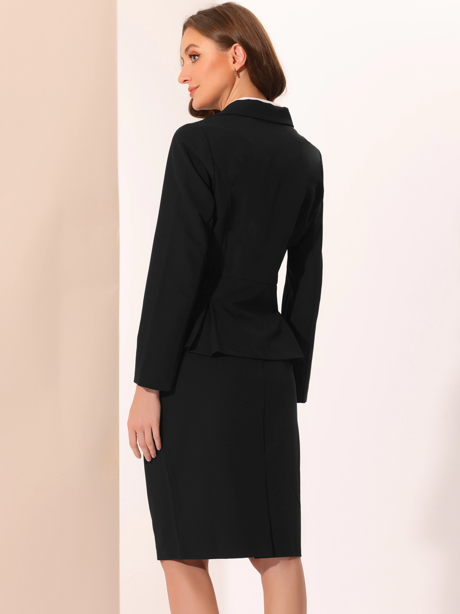 INSPIRE CHIC Women's 2 Piece Long Sleeve Lapel Peplum Blazer Pencil Business Skirt Suit Set