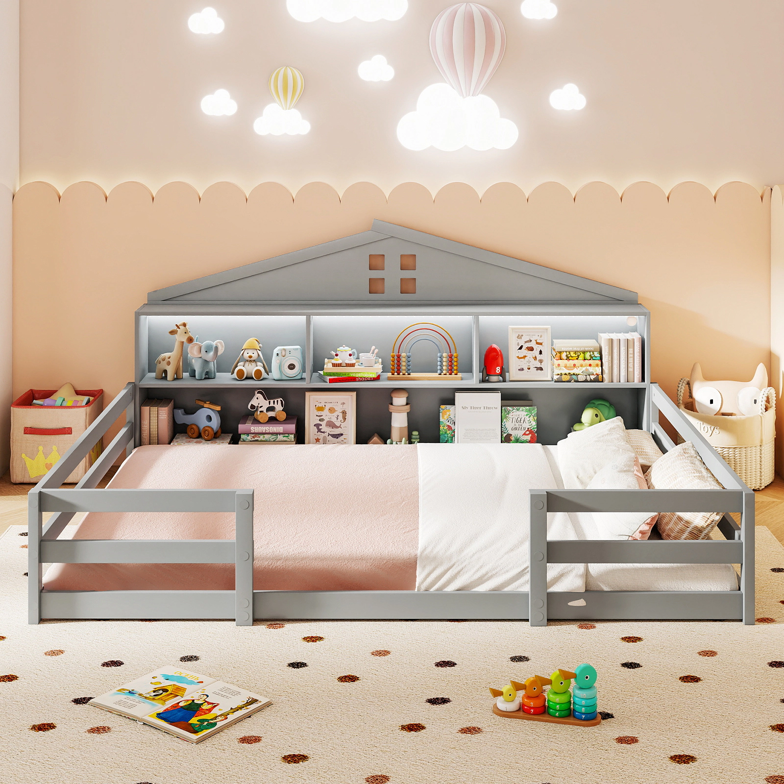 SUGIFT Gray Storage Headboard and Open Shelf Pine Wood Full Kids Montessori House Floor Bed