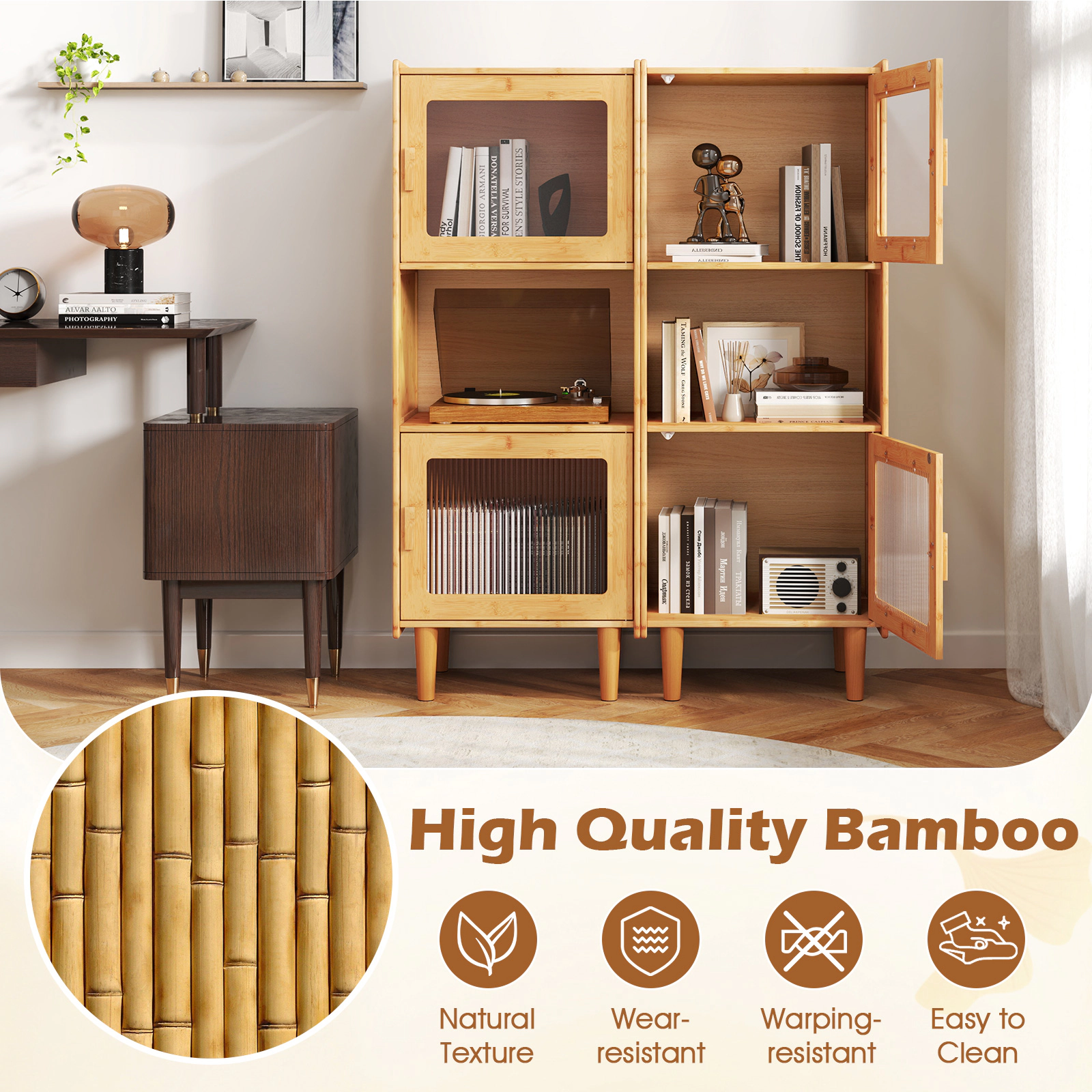 Slickblue Freestanding Wicker Storage Cabinet with Open Shelf and 2 Door Compartments Natural Finish