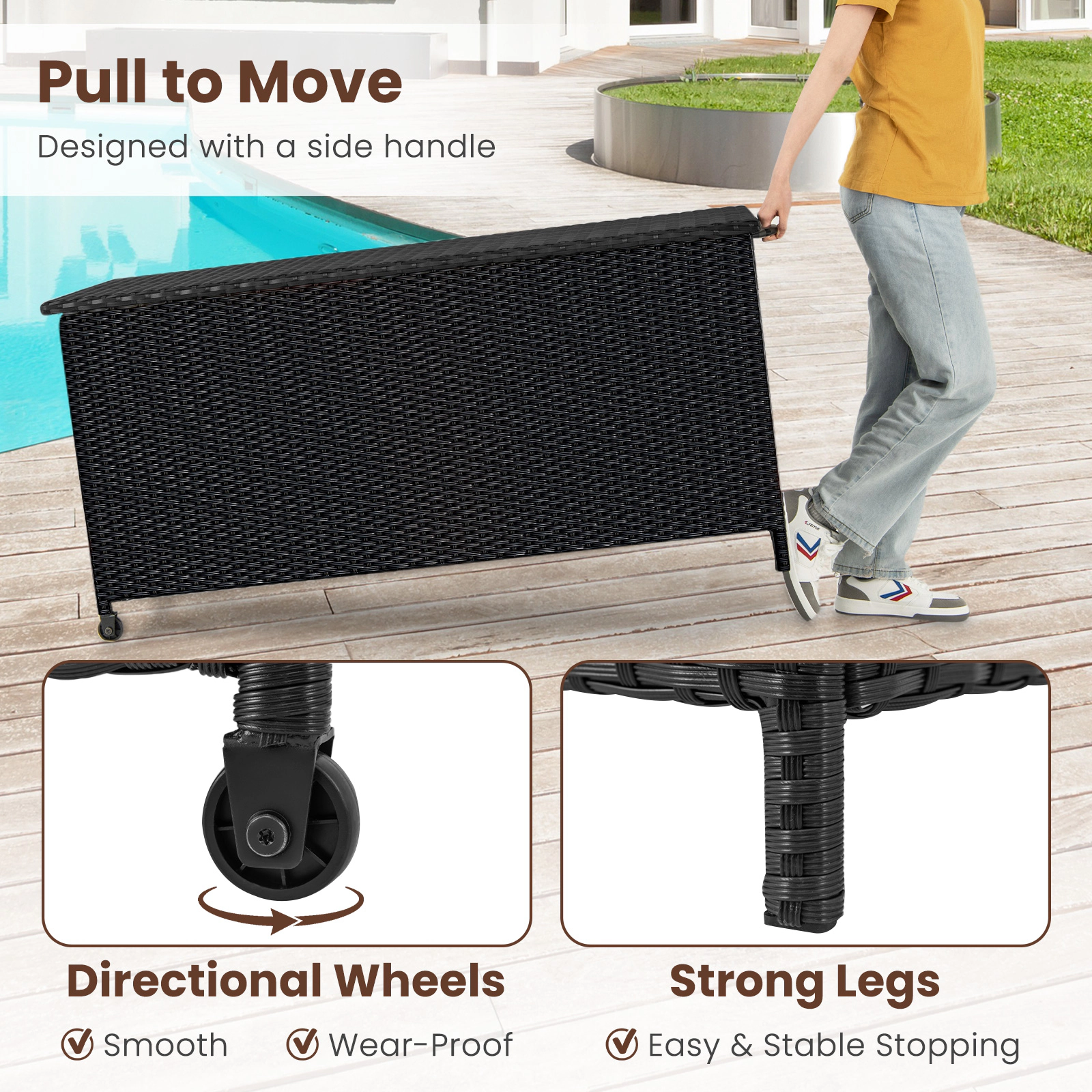 SUGIFT Black 85-Gallon Wicker Outdoor Deck Box with Waterproof Liner Gas Strut Lid and 2 Wheels