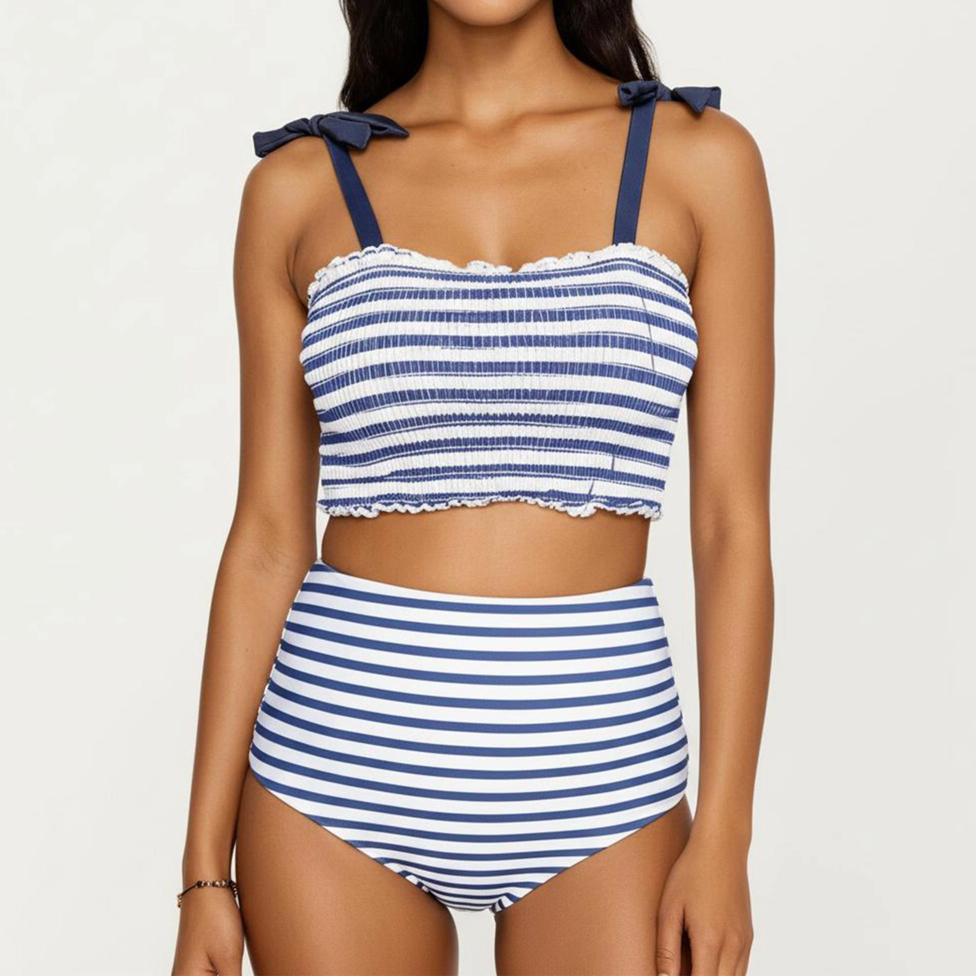 Anna-Kaci Women’s Maternity Striped Smocked Bandeau Bikini Set - Tie Shoulder Top, High-Waisted Bottoms