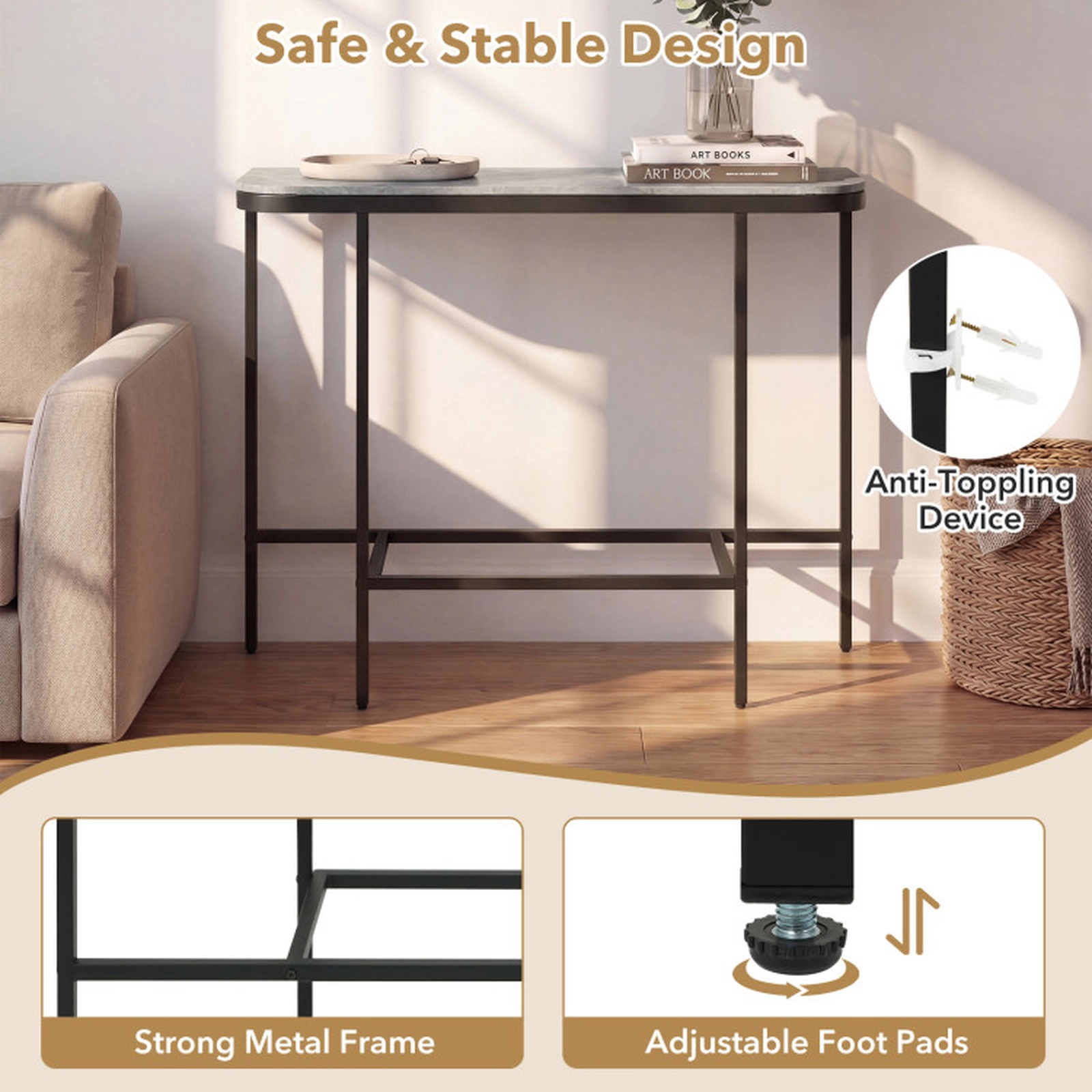 SUGIFT 44-in 12-in Narrow 66-lb Capacity Gray Sintered Stone Marble Look Console Table with Metal Frame