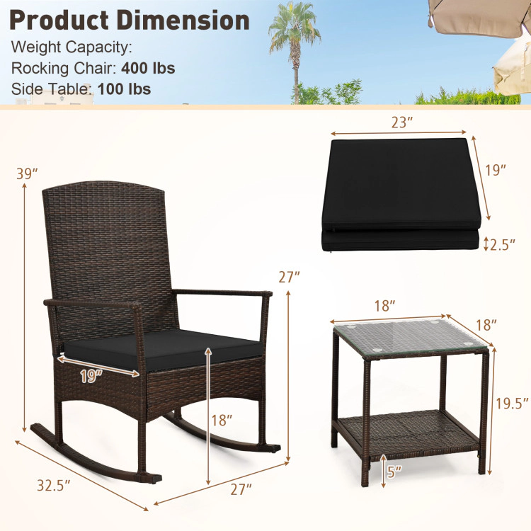 Hivvago 3 Piece Patio Rocking Set Wicker Chairs With 2-Tier Coffee Table
