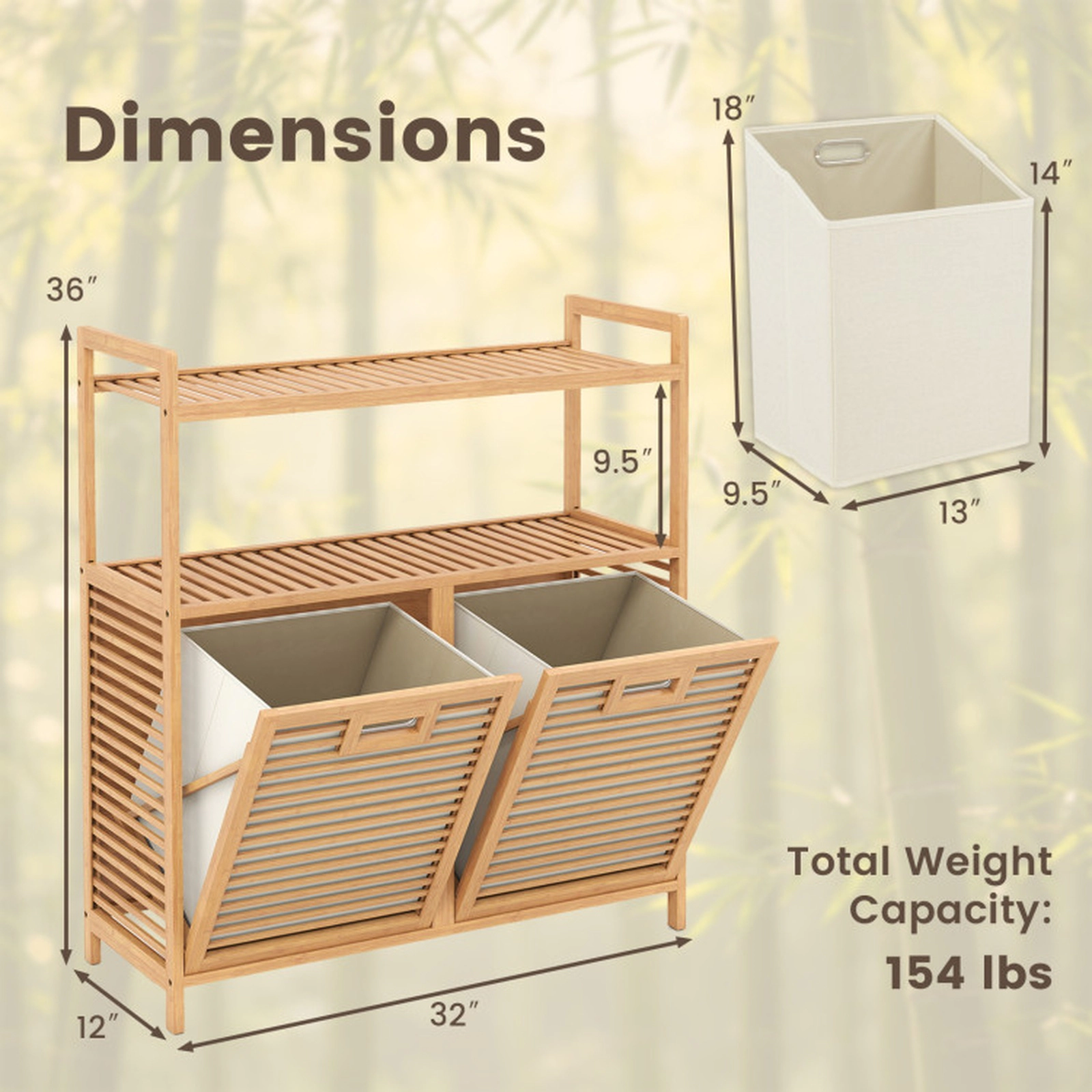 SUGIFT Double Tilt Out Laundry Hamper with 2 Shelves for Dirty Clothes 154-lb Capacity 32-in Wide Natural