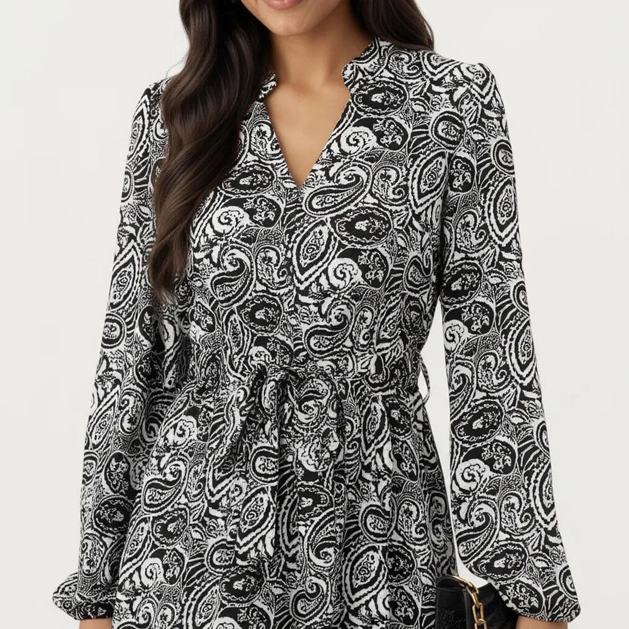 Anna-Kaci Women's Black Paisley Print Long Sleeve V Neck Dress