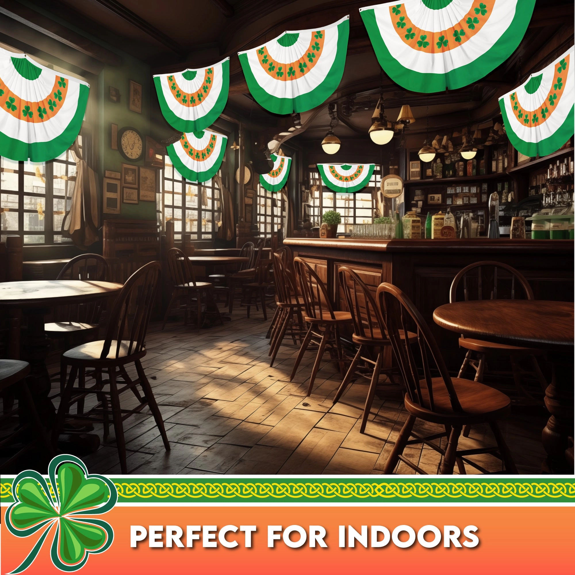 G128 Ireland Shamrock Pleated Fan Flag, 3 x 6 ft Polyester, Brass Grommets, St. Patrick's Day Decor