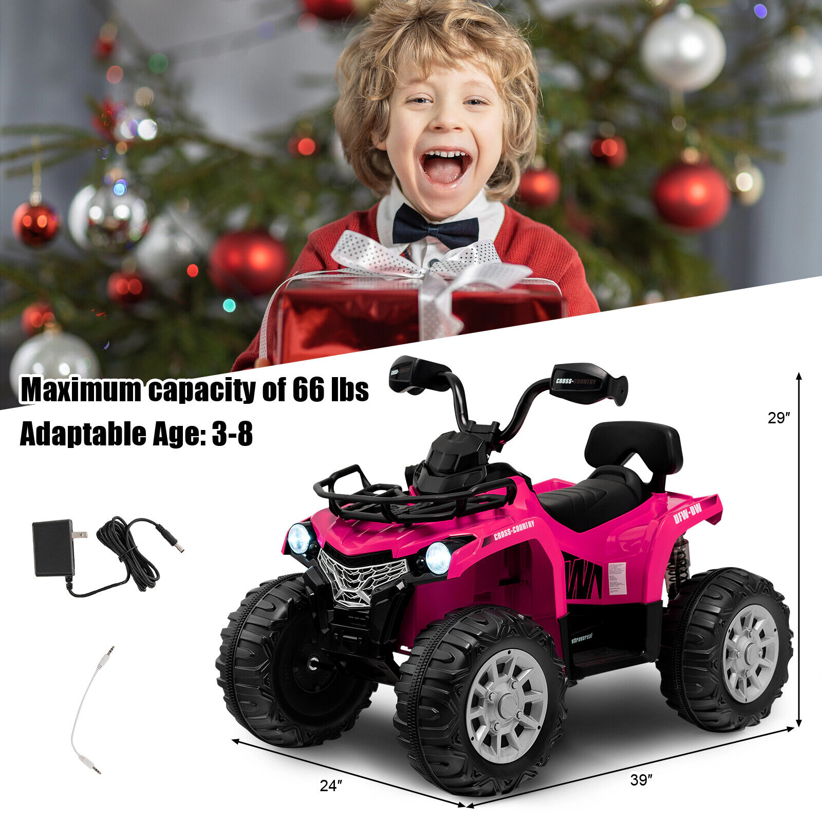 SUGIFT 12V Battery-Powered Kids Ride On ATV 4 Wheeler with MP3 and Headlights 66-lb Capacity Ages 3-8 Pink