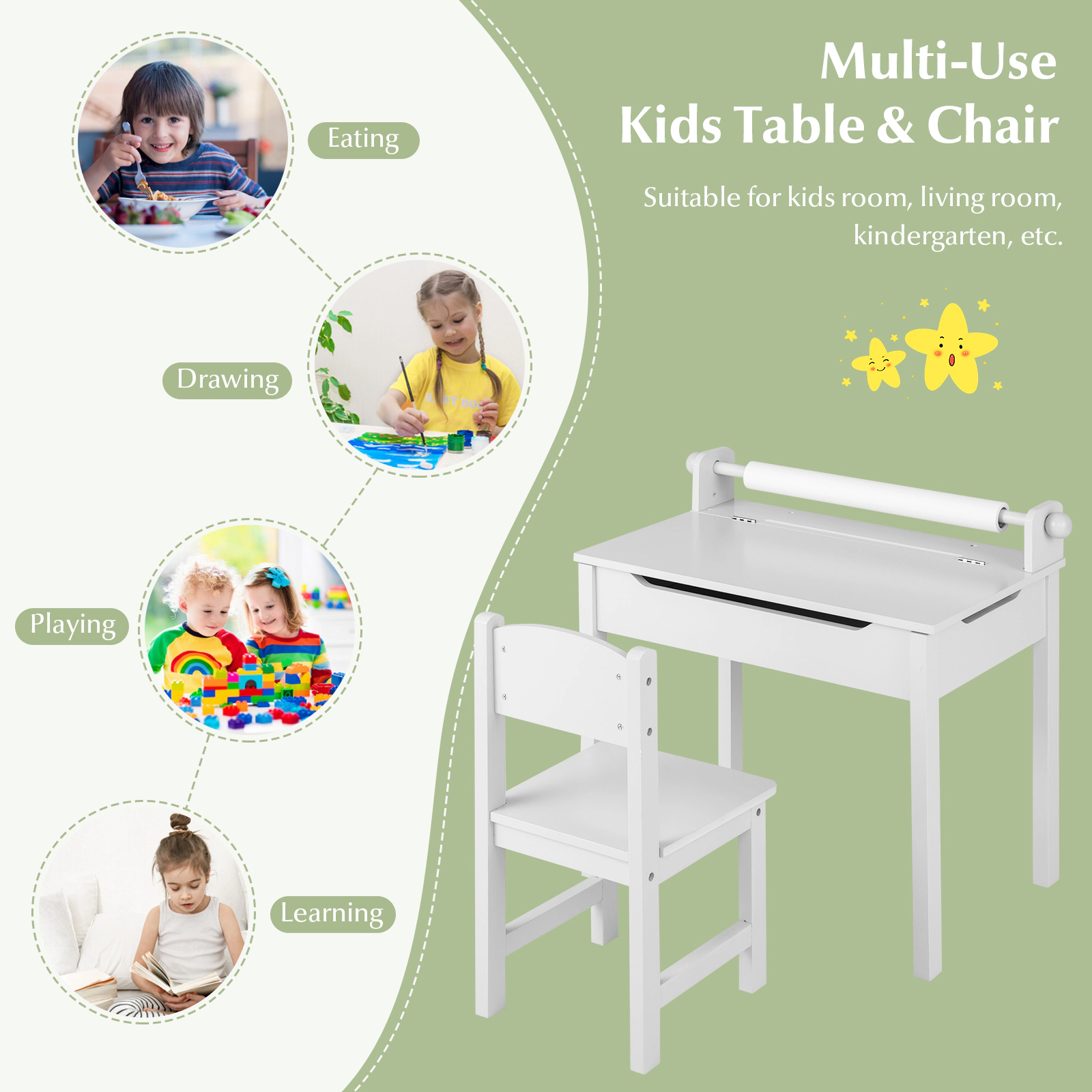 SUGIFT Kids Art Table and Chair Set, Wooden Craft Desk with Paper Roll Holder and Tilting White Tabletop
