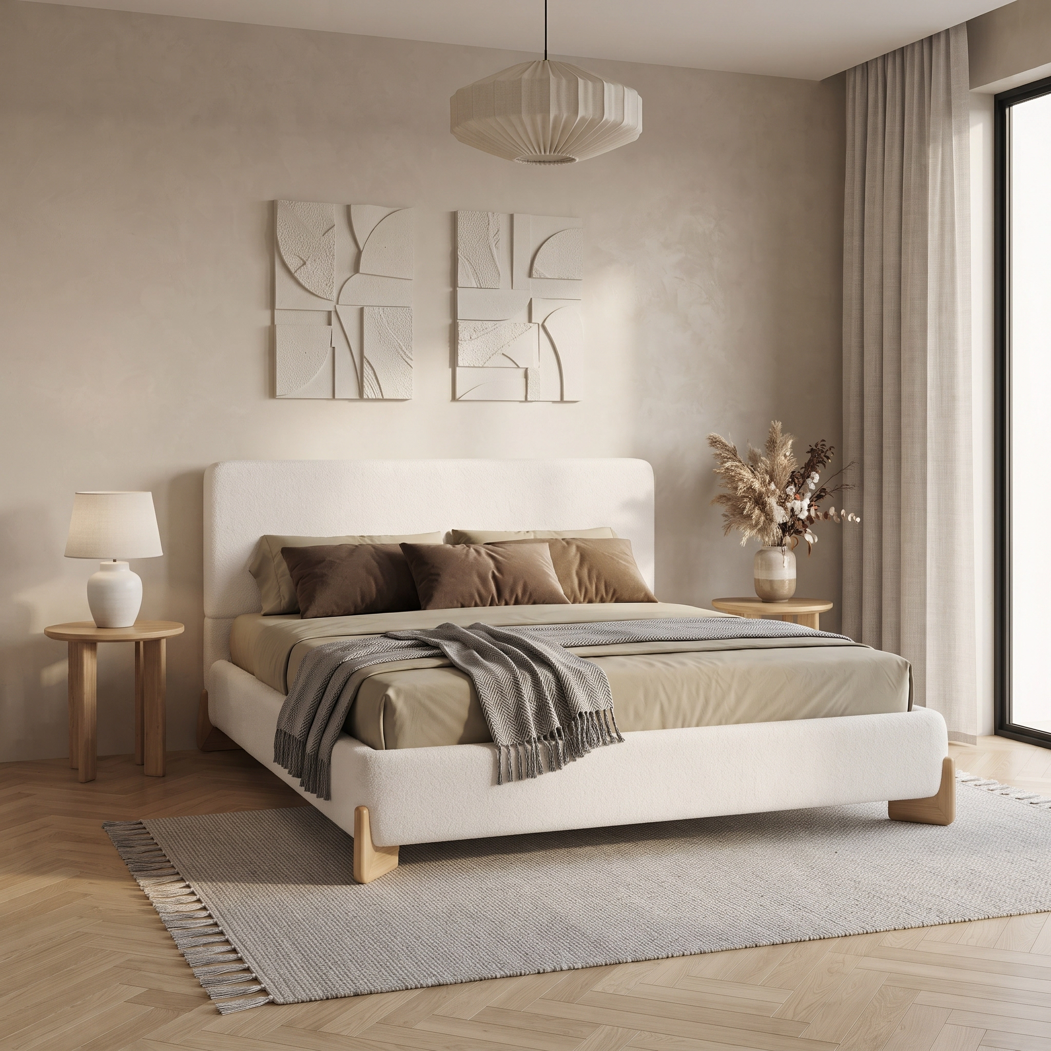 Flynama Full Boucle Upholstered Bed, Luxurious Comfortable Bedroom Centerpiece, White