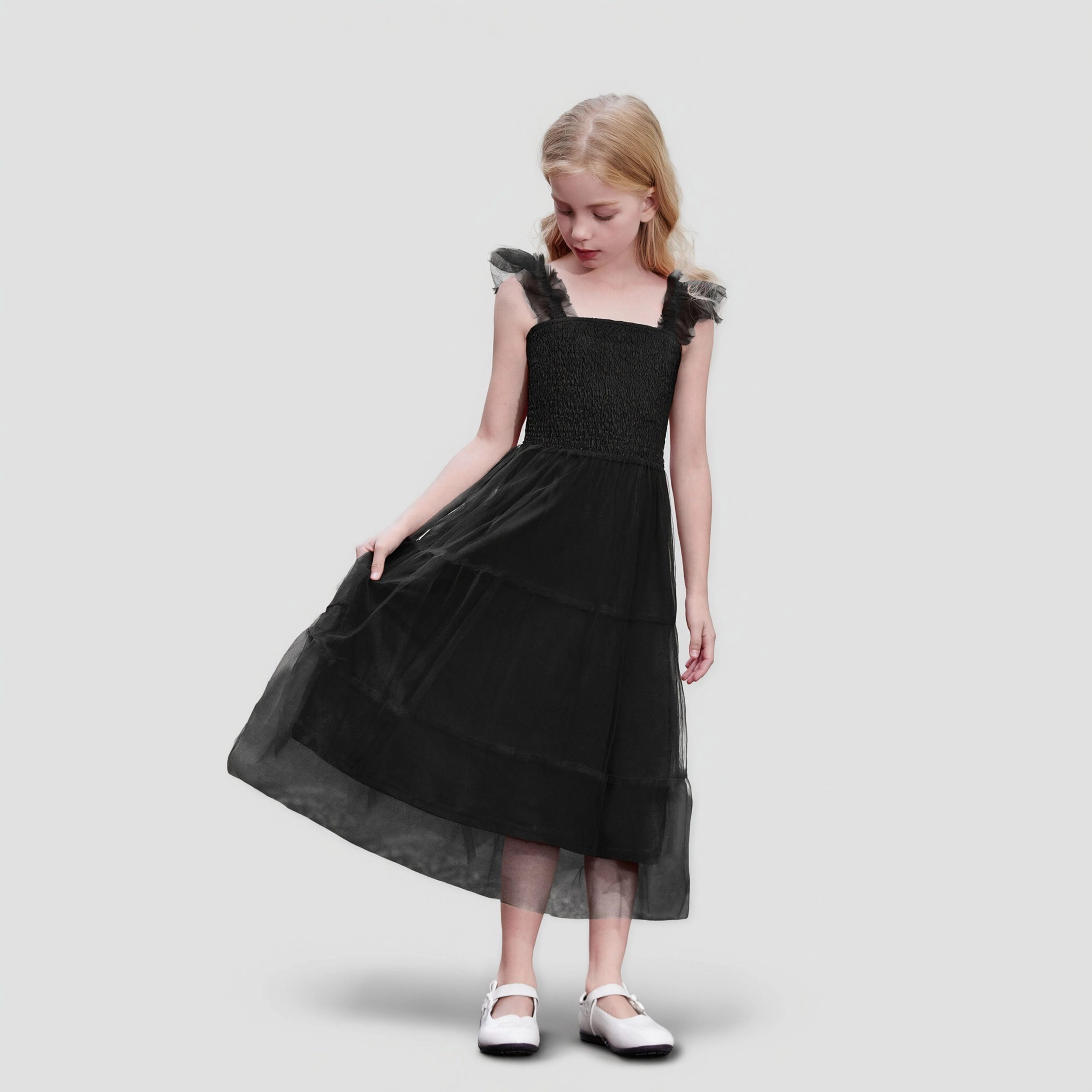 Arshiner Tween Girls Ruffle Strap Smocked Tiered Tulle Long A-Line Summer Party Sundress