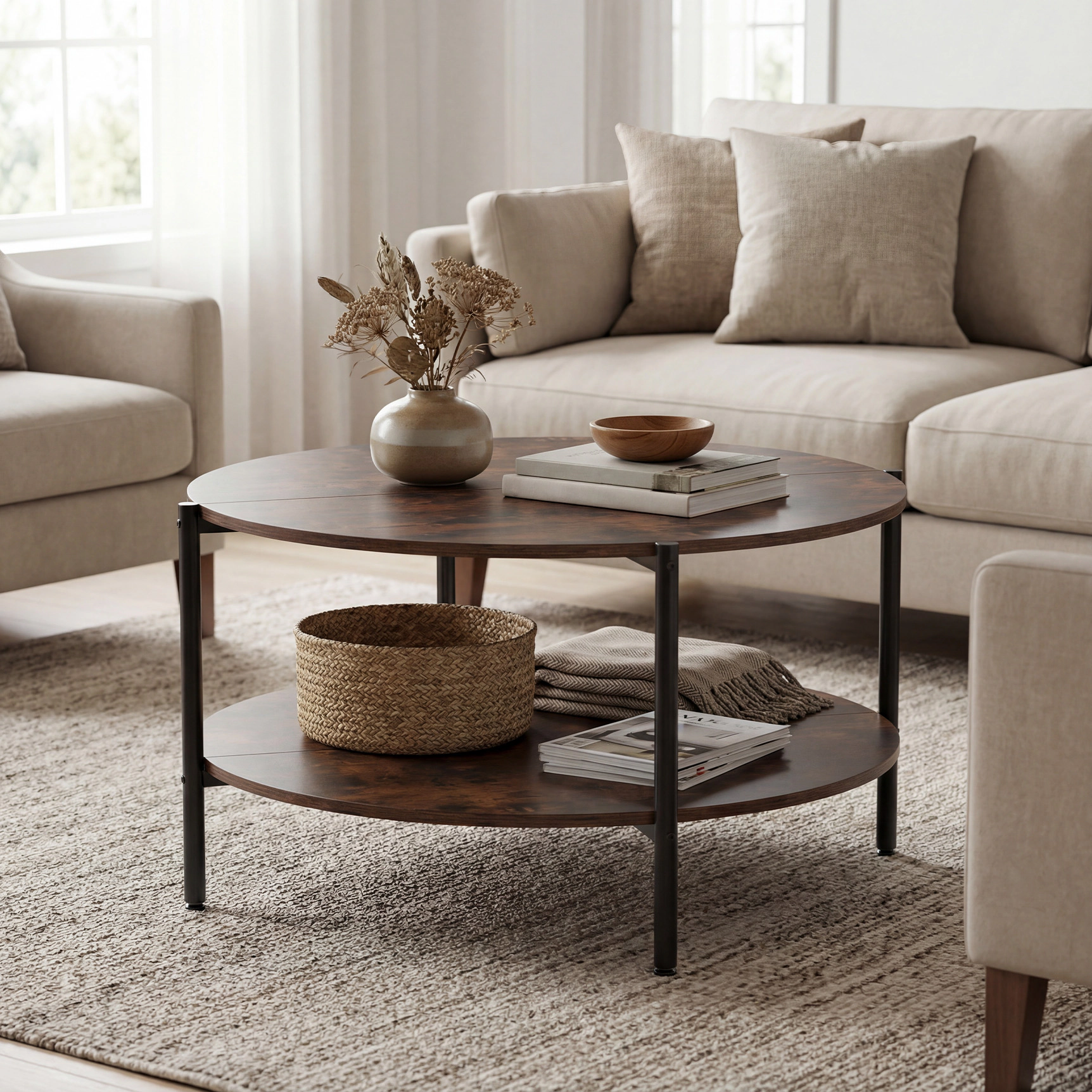 SUGIFT 2-Tier Round Coffee Table with Open Storage Shelf 200-lb Capacity Engineered Wood and Metal Rustic Brown