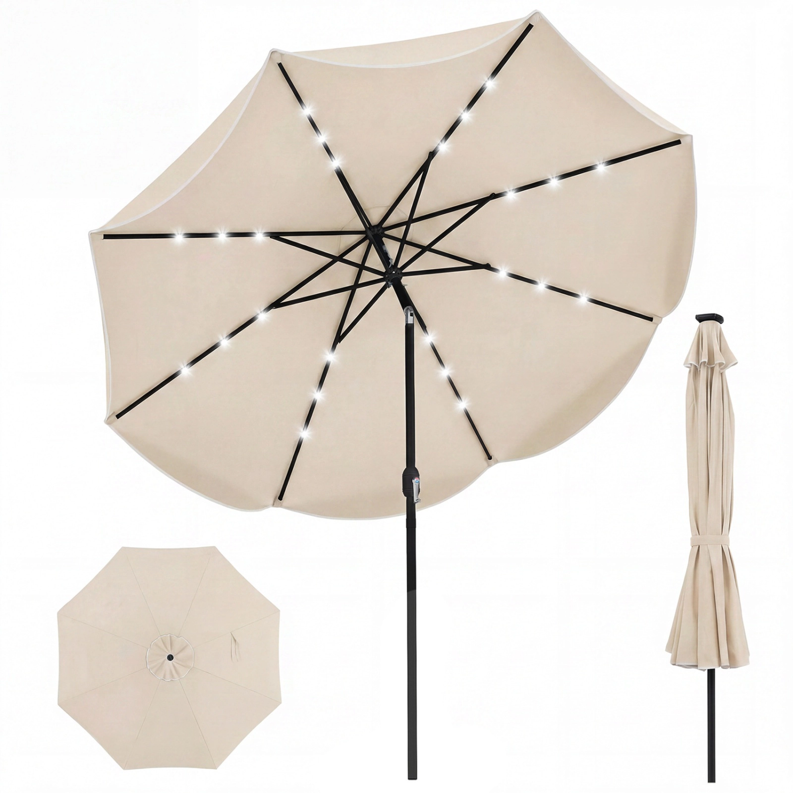 SUGIFT 10-ft Beige Solar Patio Umbrella with 24 LED Lights, Push-Button Tilt and Scalloped Canopy