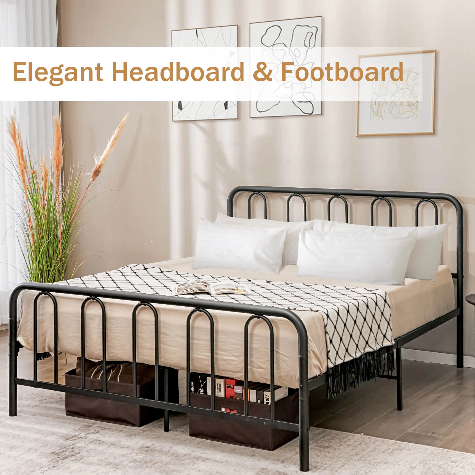 SUGIFT Steel Platform Queen Bed Frame with Headboard and Footboard 1100-lb Capacity 83.5-in Long 40-in Tall Black