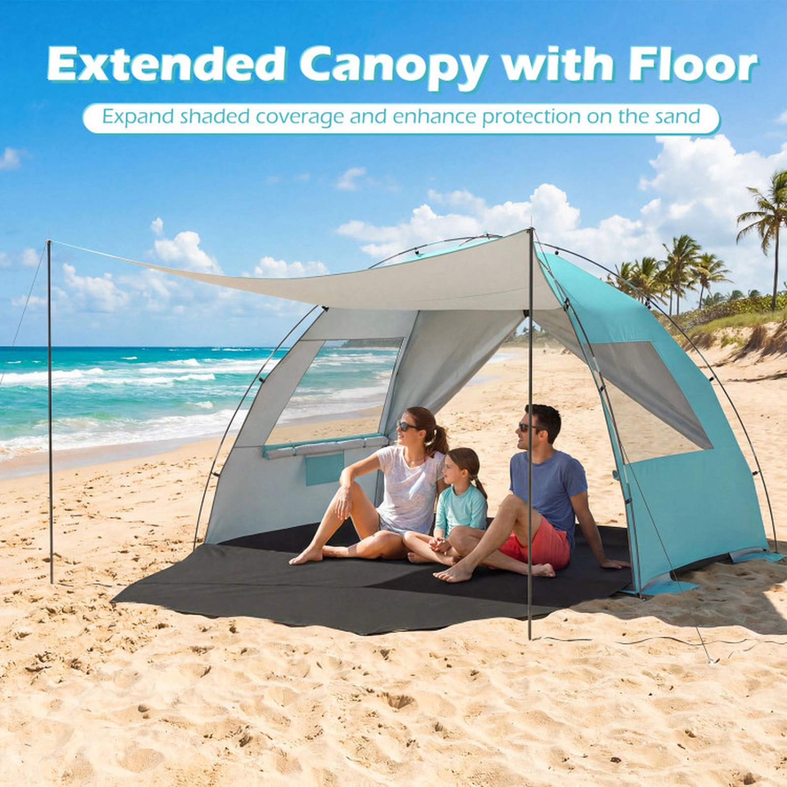 SUGIFT Blue Beach Tent Sun Shelter with Extended Floor 2 Vent Windows and 10 Stakes 87-in W 59-in D 59-in H