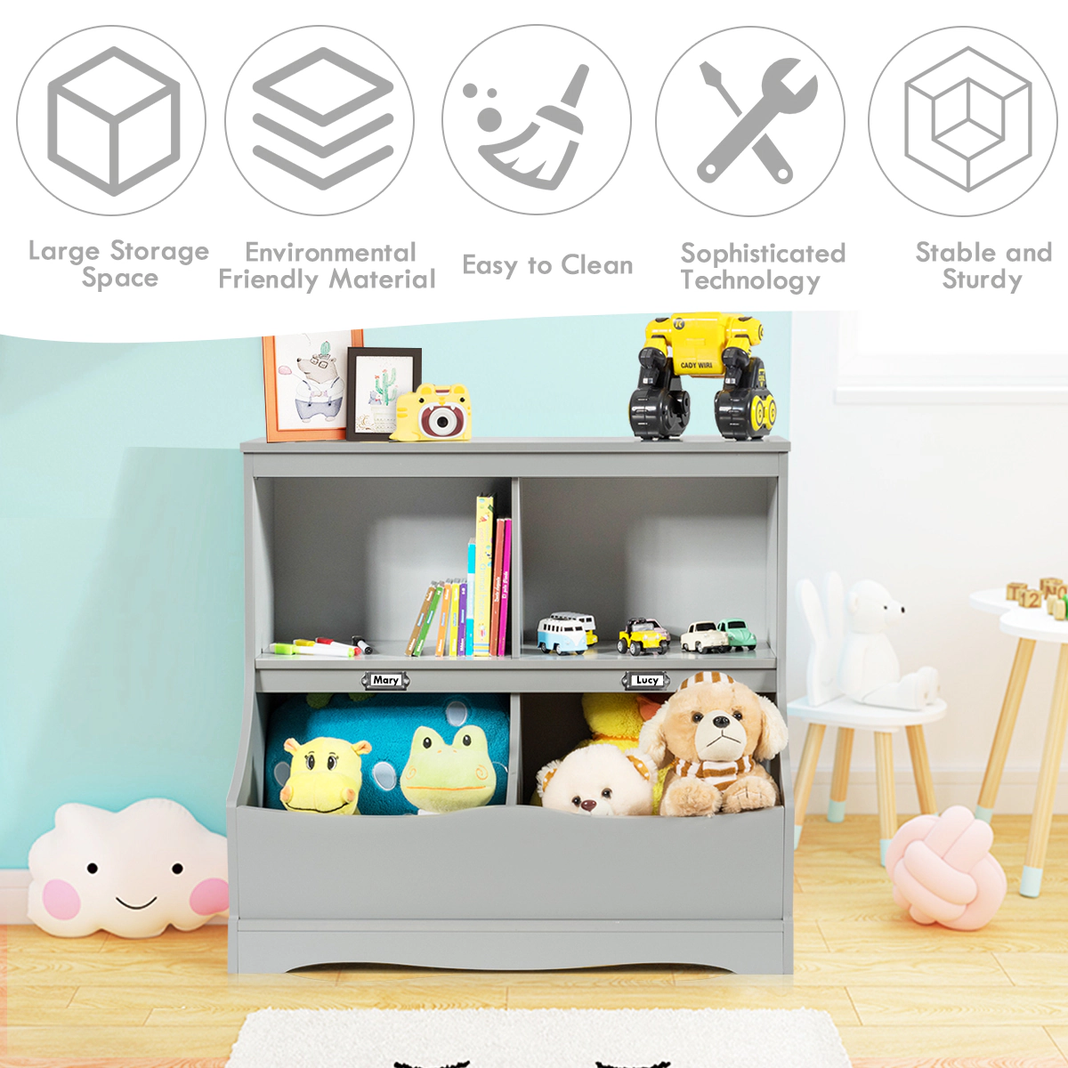 Costway Children's Multi-Functional Bookcase Toy Storage Bin Kids Floor Cabinet Grey
