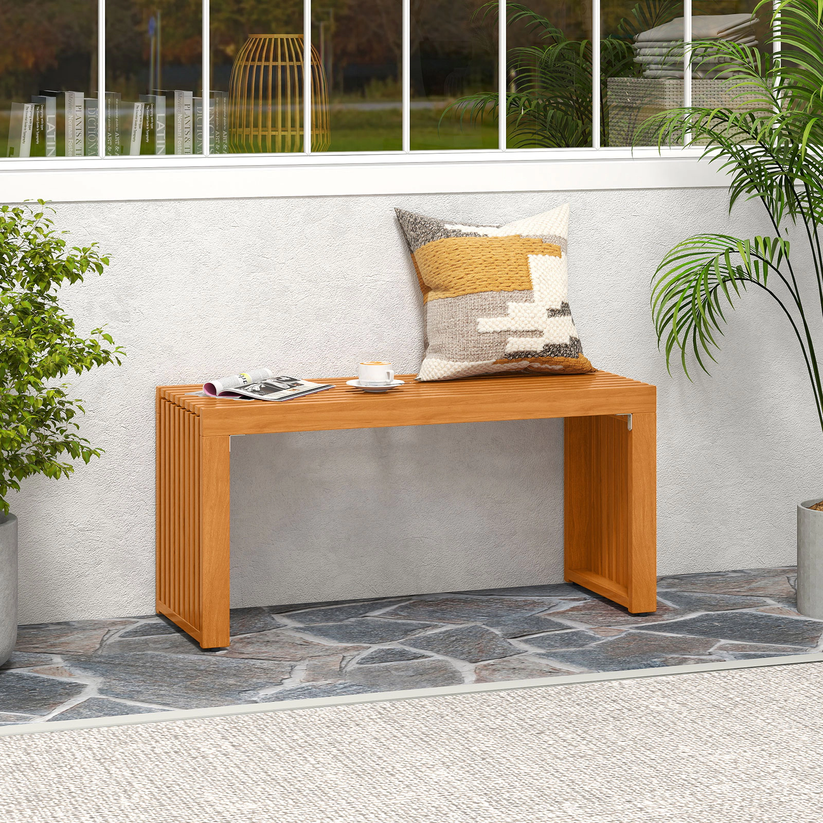 LJG 36 Inch Patio Bench All-Slat Acacia Wood Loveseat