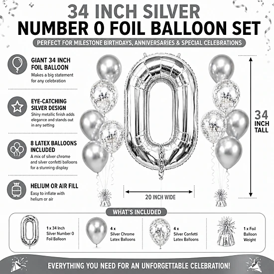 LoonBalloon Silver Number 0 Foil Balloon Set with 8 Silver and White ...