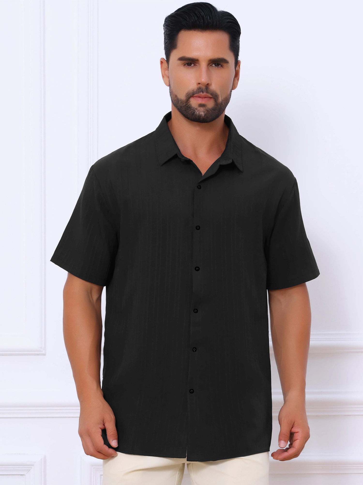 INSPIRE CHIC Men's Point Collar Short Sleeve Button Down Summer Linen Shirt